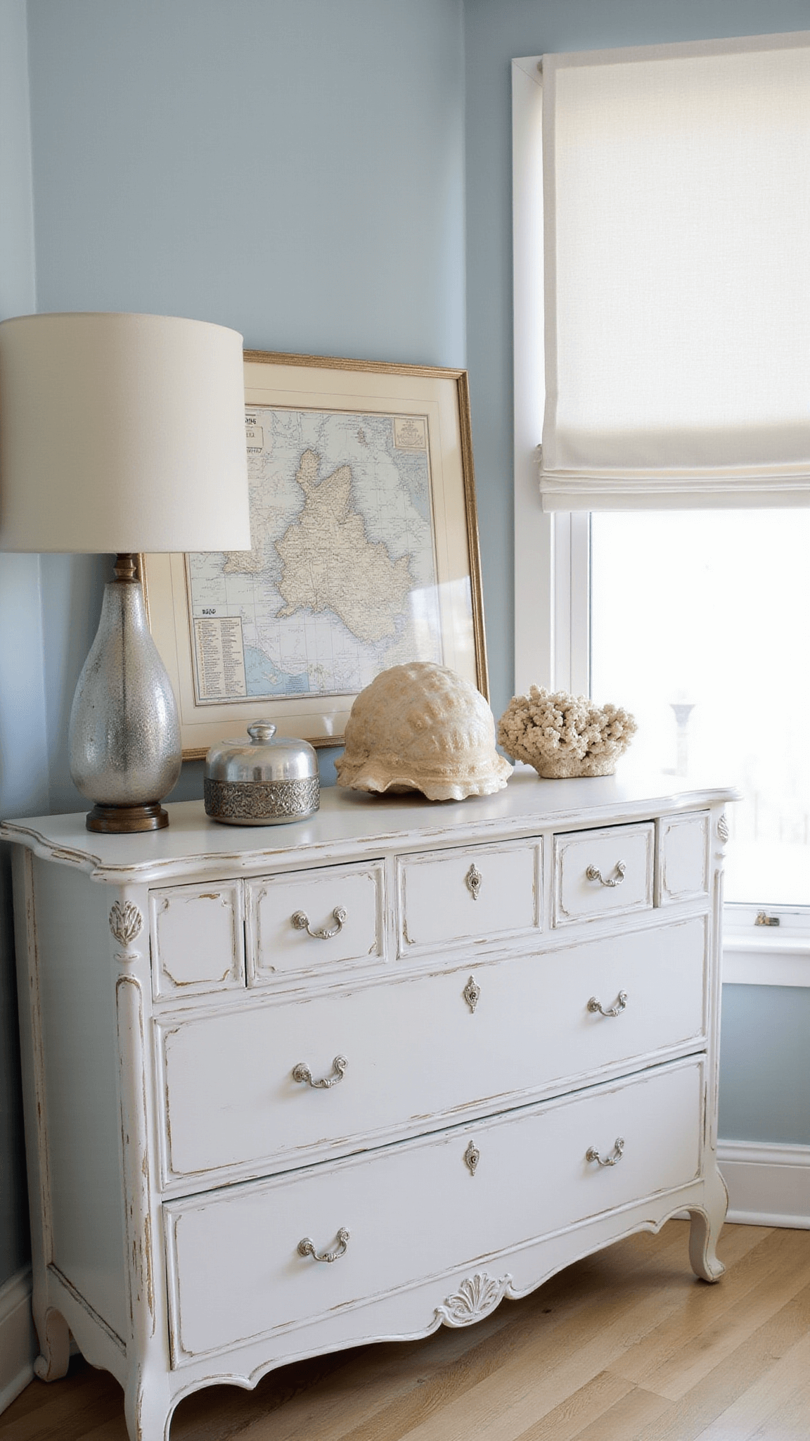 Antique white dresser with weathered finish styled with seashells, mercury glass lamp, vintage map, and coral against a pale blue-grey wall with soft lighting.