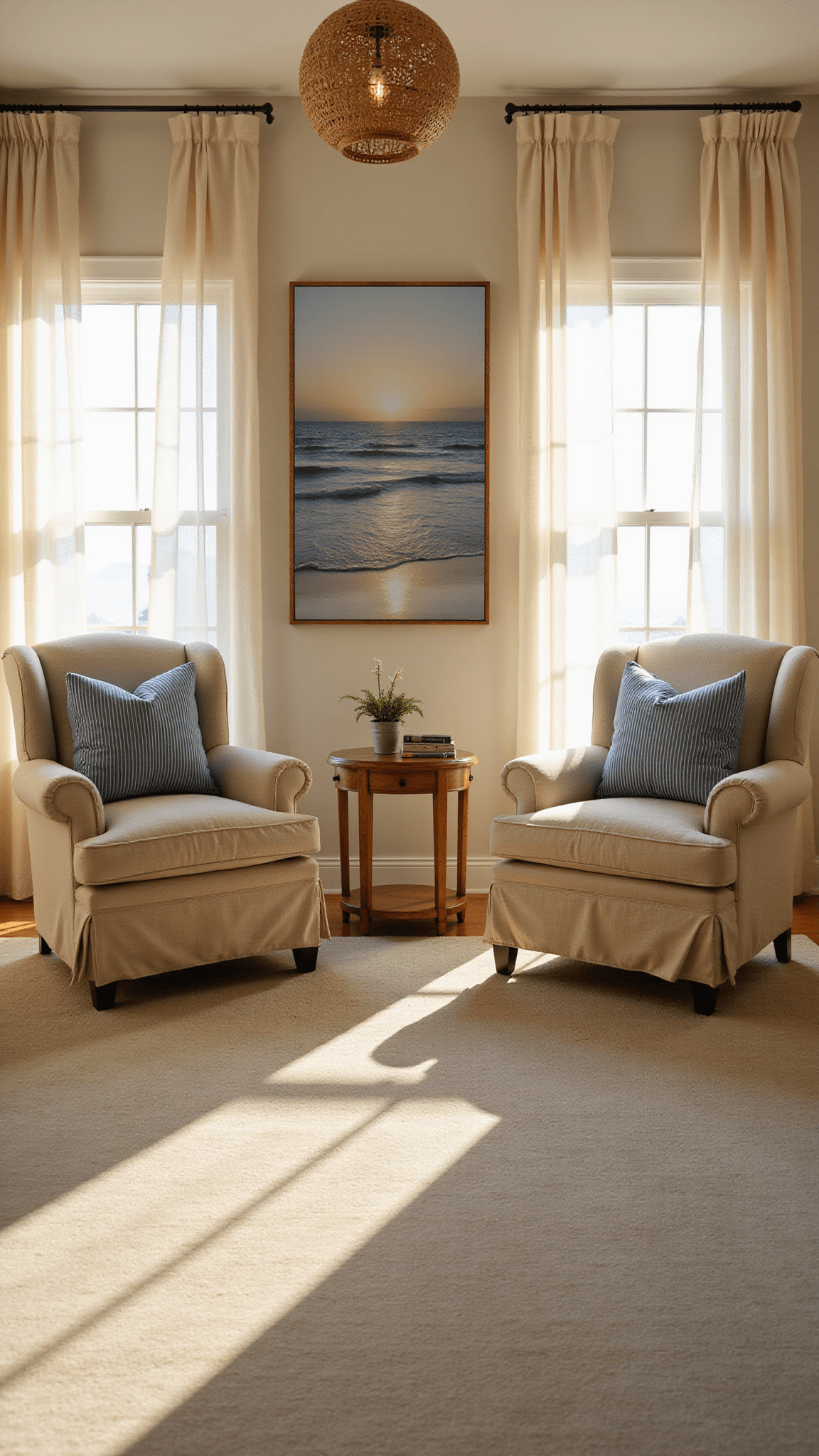 Cozy bedroom nook at sunset with linen slipcovered chairs, beach-themed artwork, and warm sunlight filtering through sheer curtains.