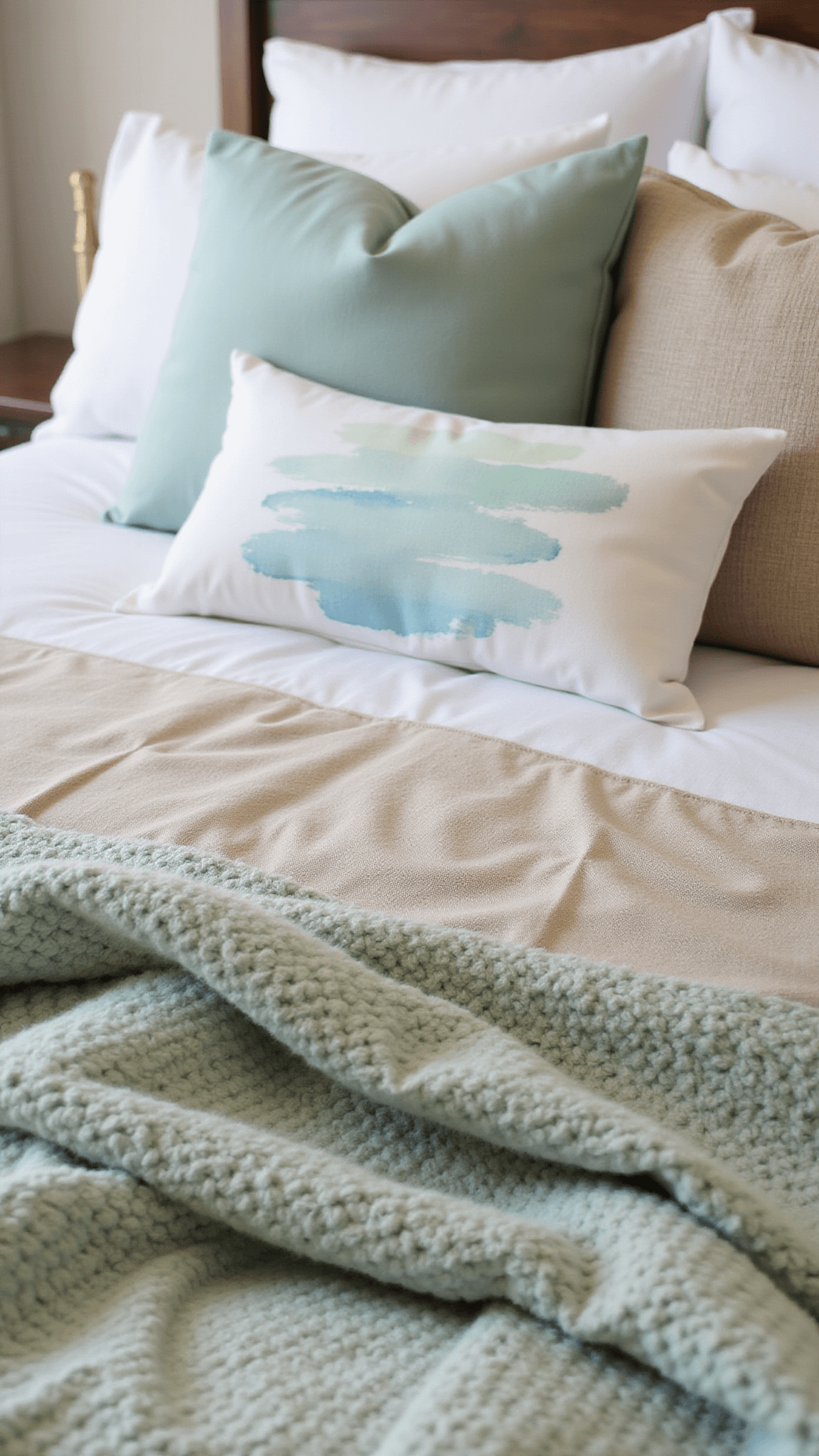Detailed view of layered bedding featuring white linen, beige quilt, and seafoam knit throw with textured pillows and ocean-themed cushions in soft morning light.