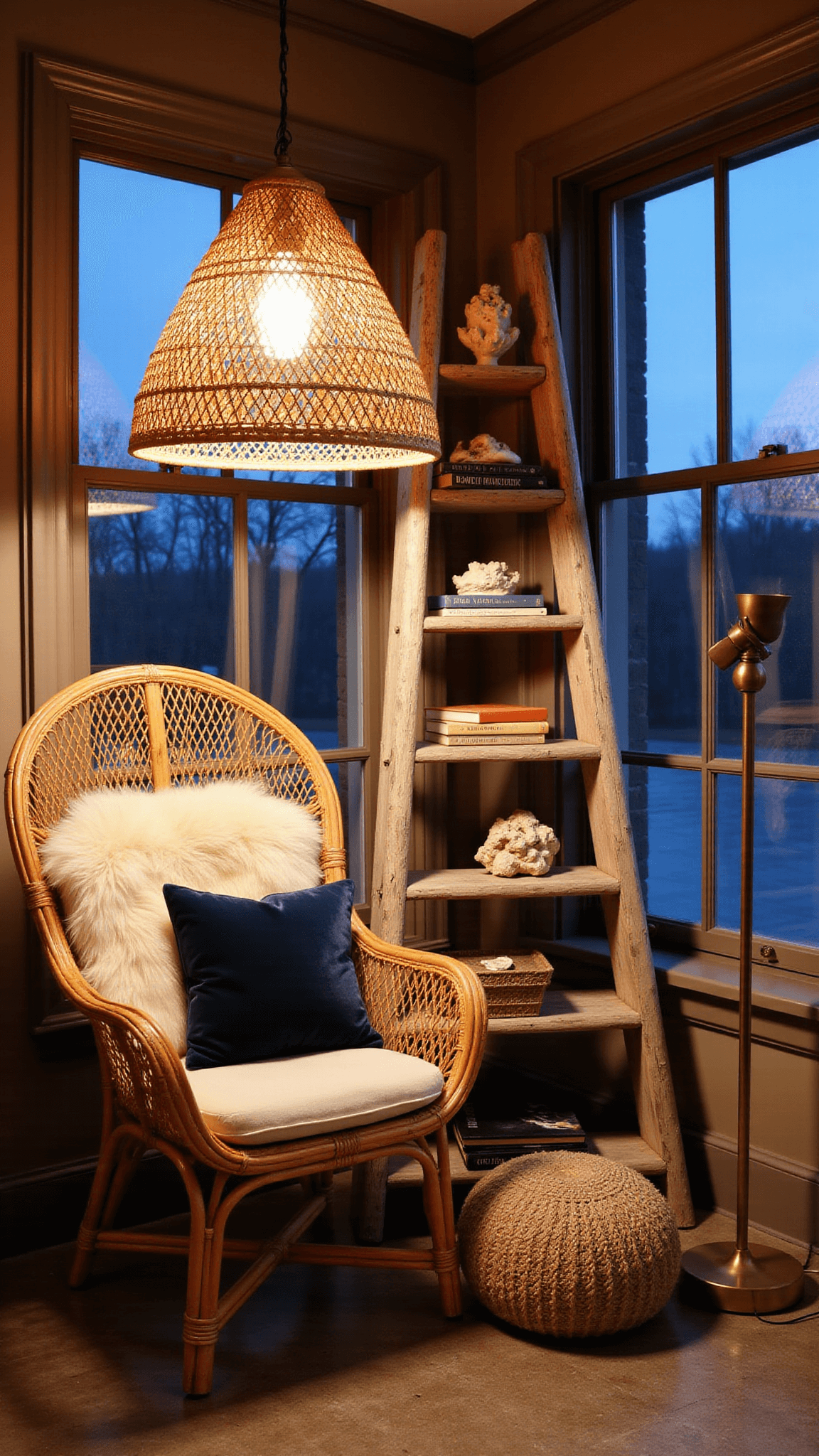 Inviting rattan reading corner at dusk with woven pendant light, peacock chair with sheepskin and navy pillow, ladder shelf displaying shells and books, jute pouf, and brass floor lamp.