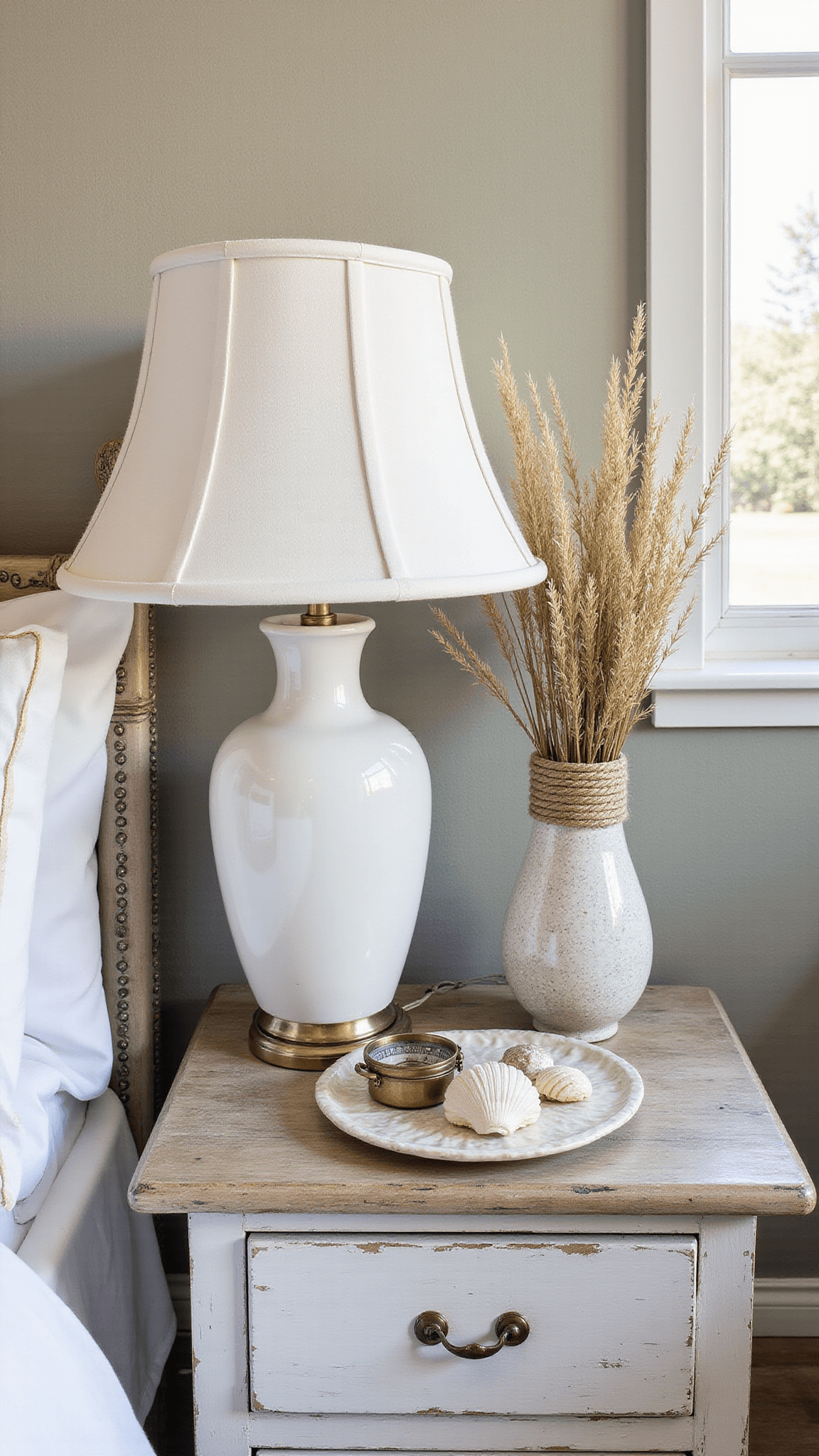 Coastal-themed bedside table featuring a white ceramic lamp, rope-wrapped vase with pampas grass, brass compass, and shell collection on a pearl tray illuminated by morning light.