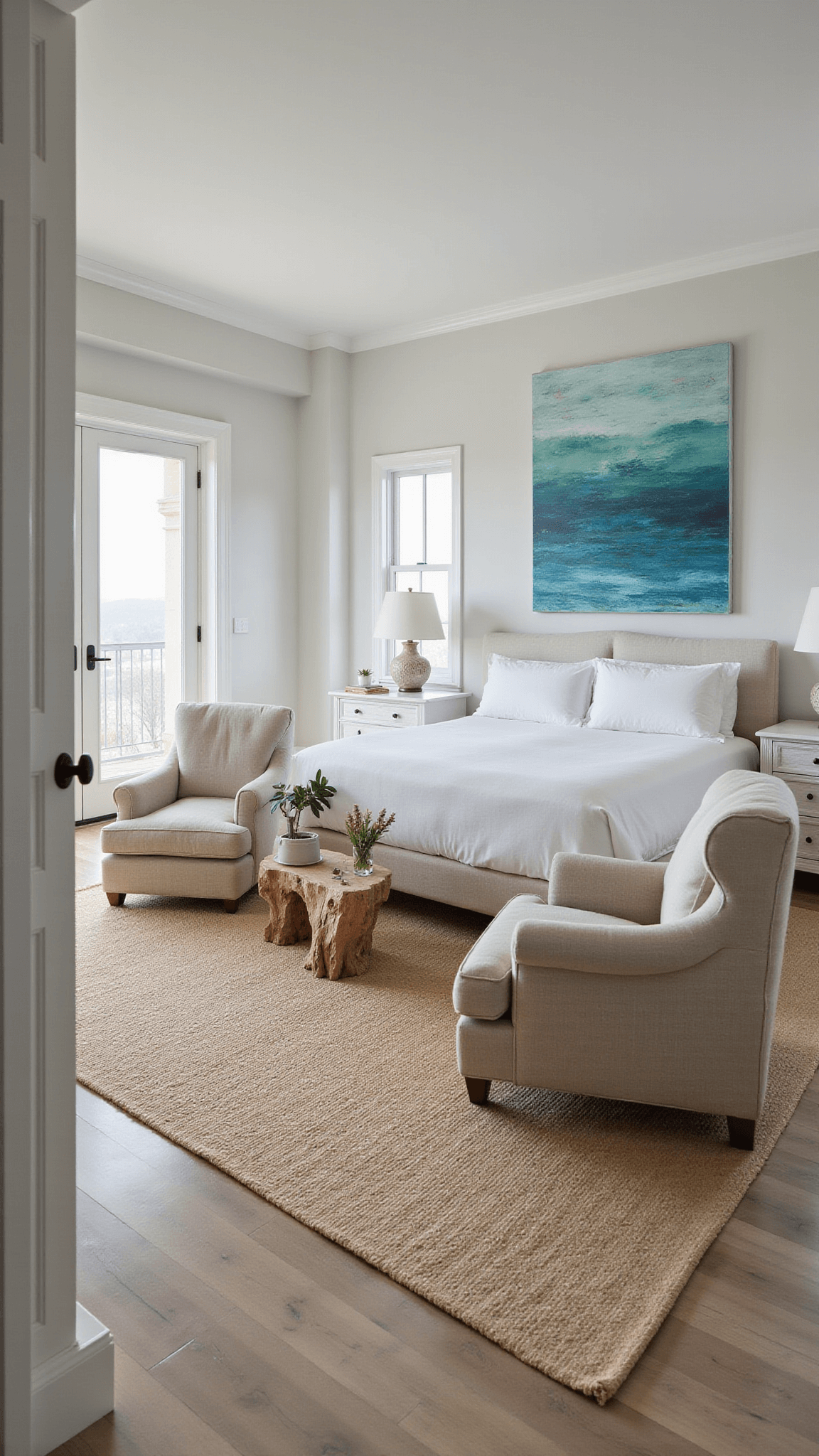 Master bedroom at dawn with king bed, ocean-themed artwork, sitting area, and French doors opening to a misty balcony.