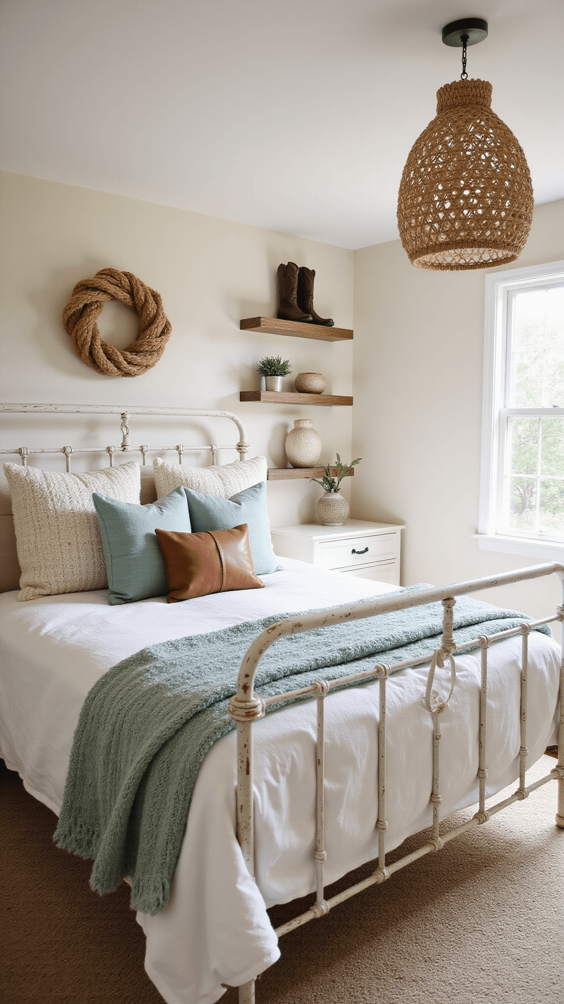 Coastal cowgirl bedroom featuring distressed white metal bed, chunky knit throws, leather cushions, cowboy boots displayed on shelves, and nautical rope wall decor illuminated by soft natural light.