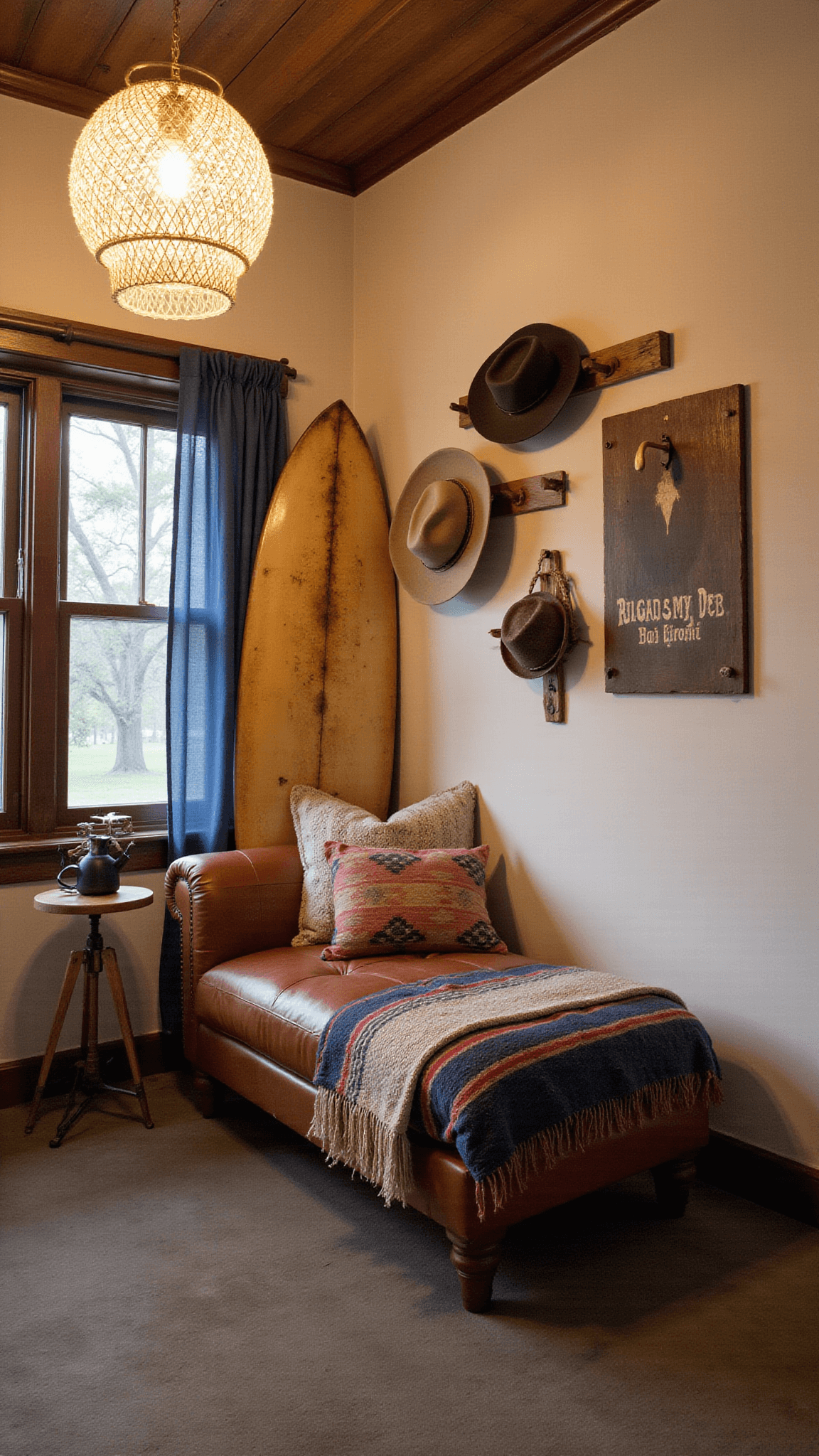 Intimate bedroom nook with leather chaise lounge, layered Mexican-style blankets, cotton cushions, vintage surfboard, cowboy hats on hooks, and warm rattan pendant lighting in earthy and navy tones.