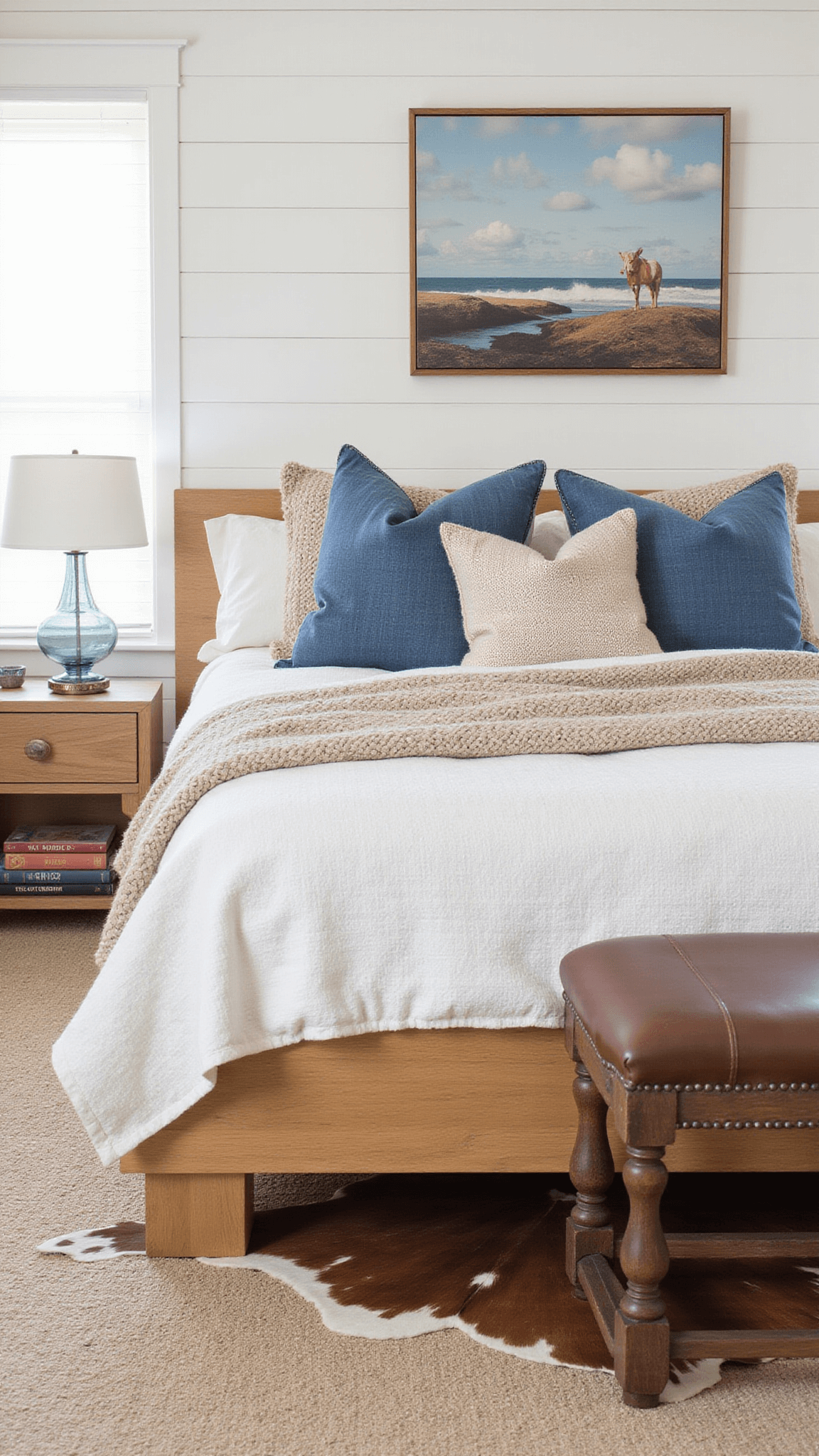 Sun-drenched master bedroom with oak platform bed, abstract coastal and leather art, layered blue and neutral textiles, and cowhide rug atop sisal carpet.
