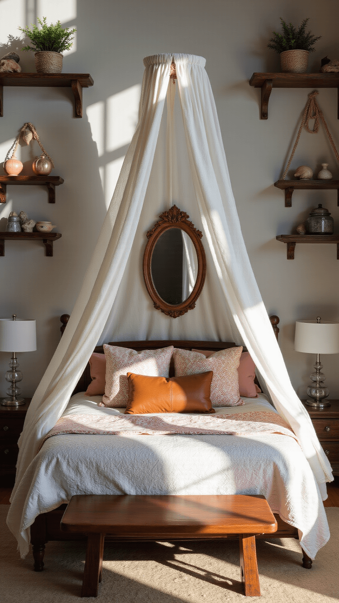 Overhead view of a bedroom with canopy bed draped in sheer white fabric, vintage quilts, leather bolsters, seashell and western-themed artifacts on reclaimed wood shelves, rope-wrapped mirror, and macramé plant hangers in soft pink, gray, and brown tones.