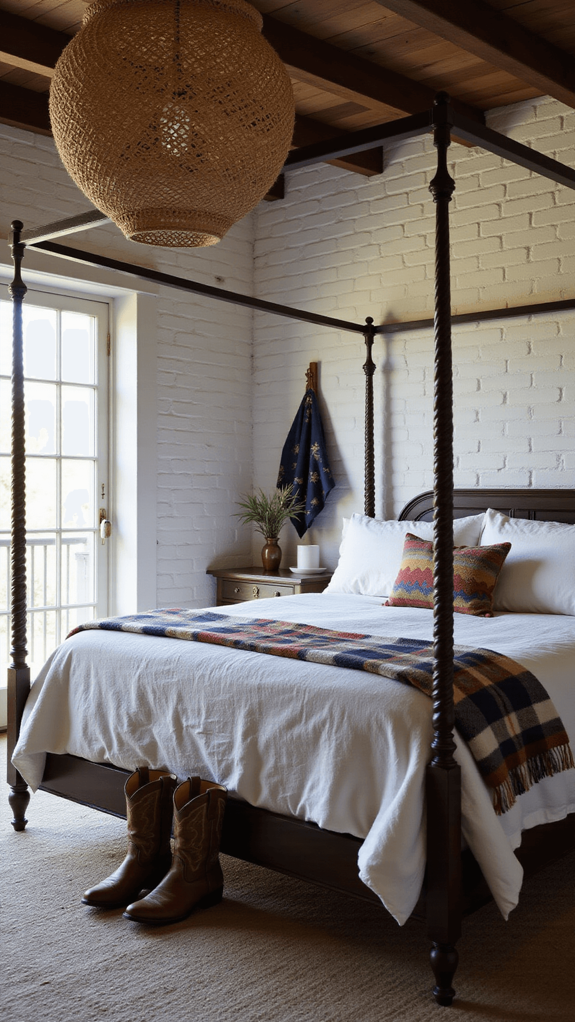 Evening-lit bedroom with whitewashed brick walls, dark wood beams, four-poster bed with rumpled linens and patterned blankets, woven chandelier casting shadows, French doors opening to balcony, cowboy boots, and coastal accents in white, indigo, rust, and sage.