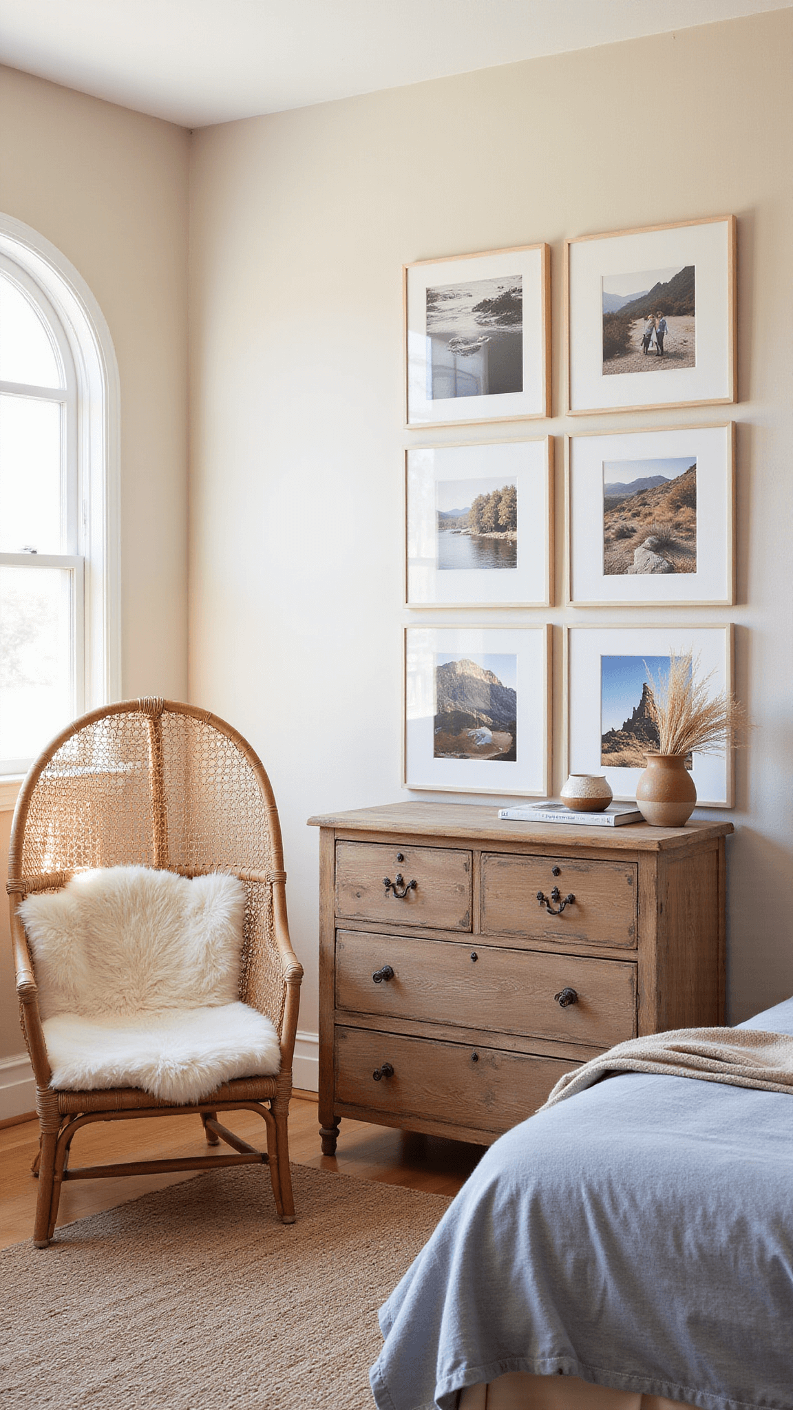 Sunlit bedroom corner with hanging rattan chair, reclaimed wood dresser, layered rugs, and a gallery wall featuring surf and western-themed artwork.