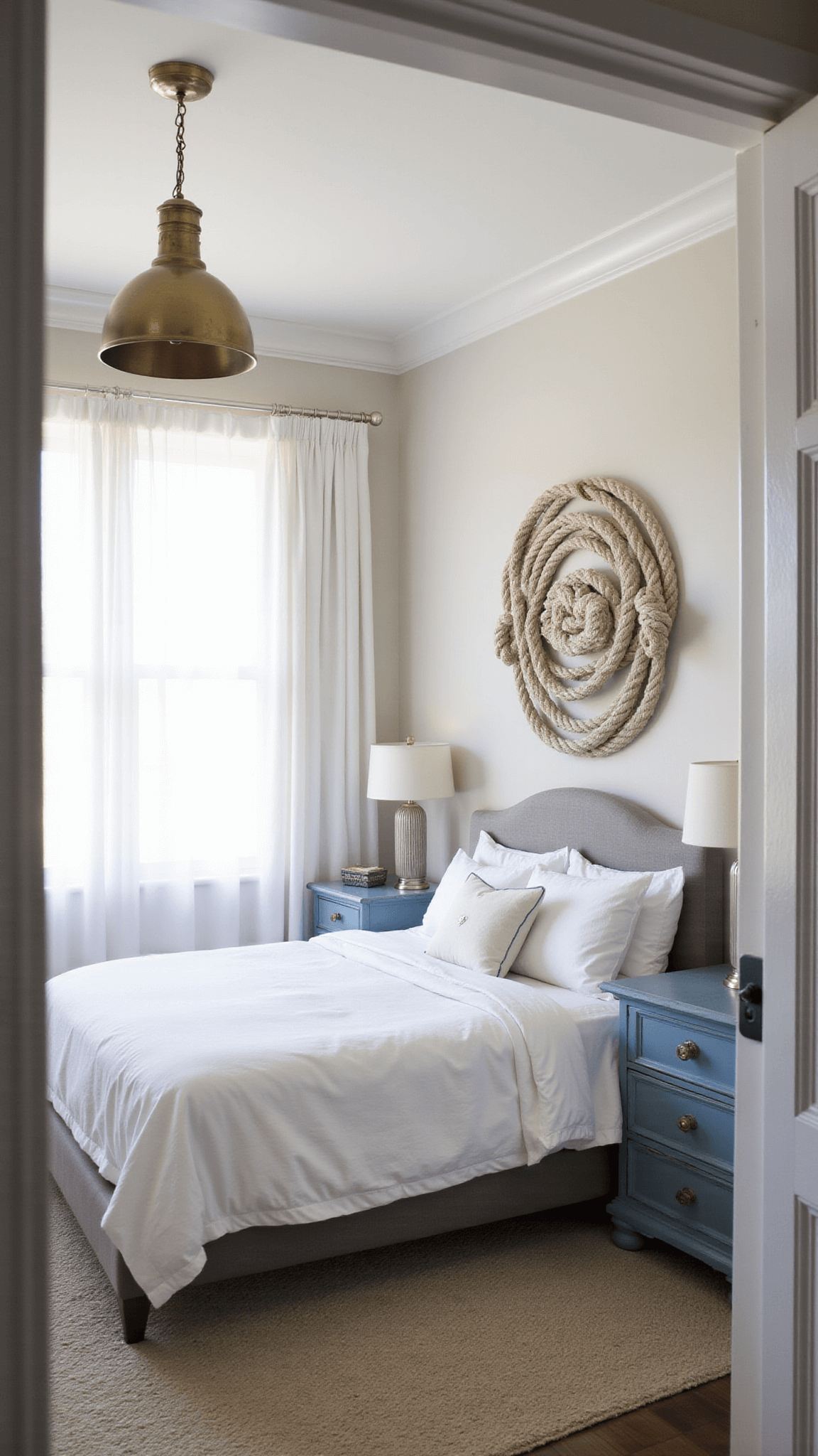 Coastal bedroom with vintage sailing knot wall art, white linens, blue nightstands, and soft natural light.