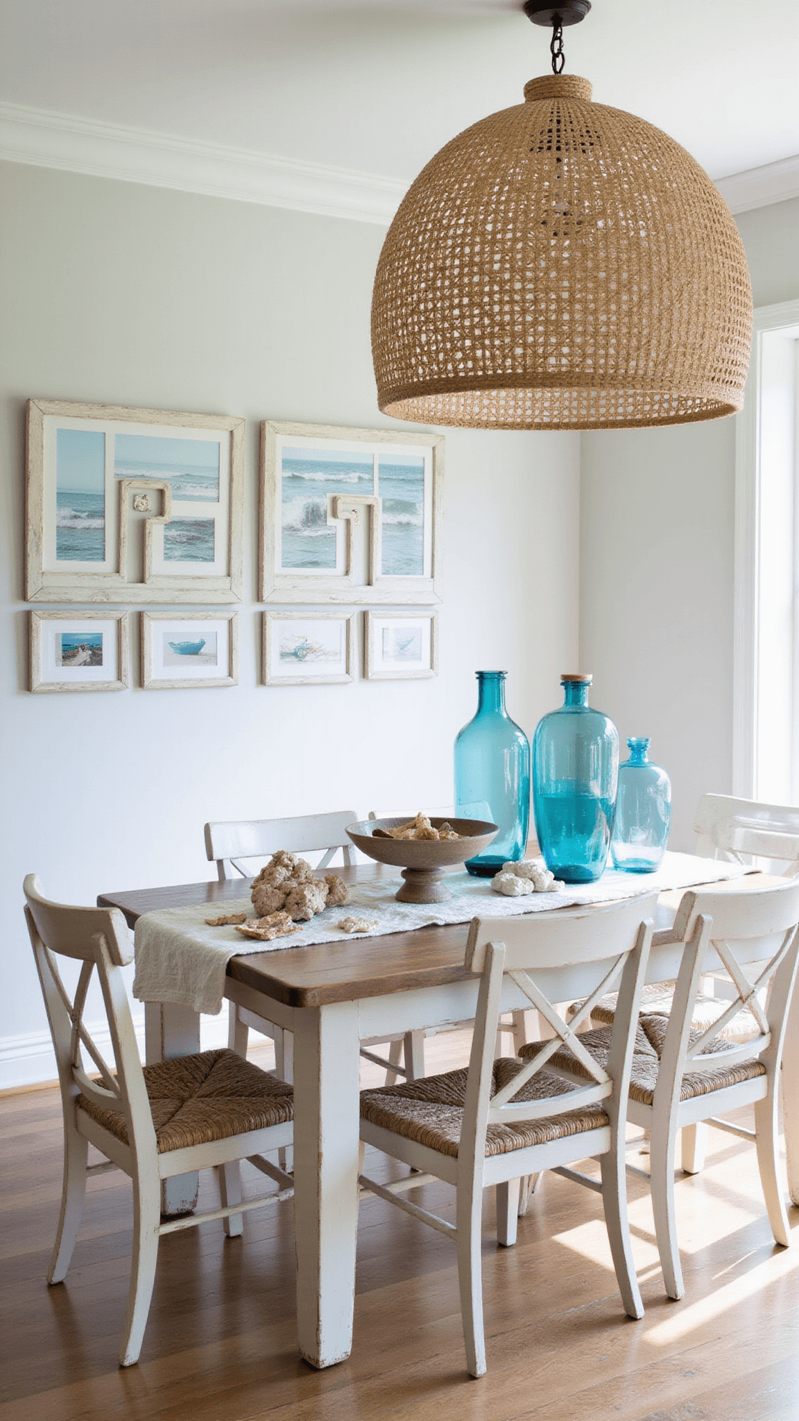 Bright coastal dining area with rustic oak table, blue glass vases, coral accents, beach photo gallery wall, and rattan pendant light.