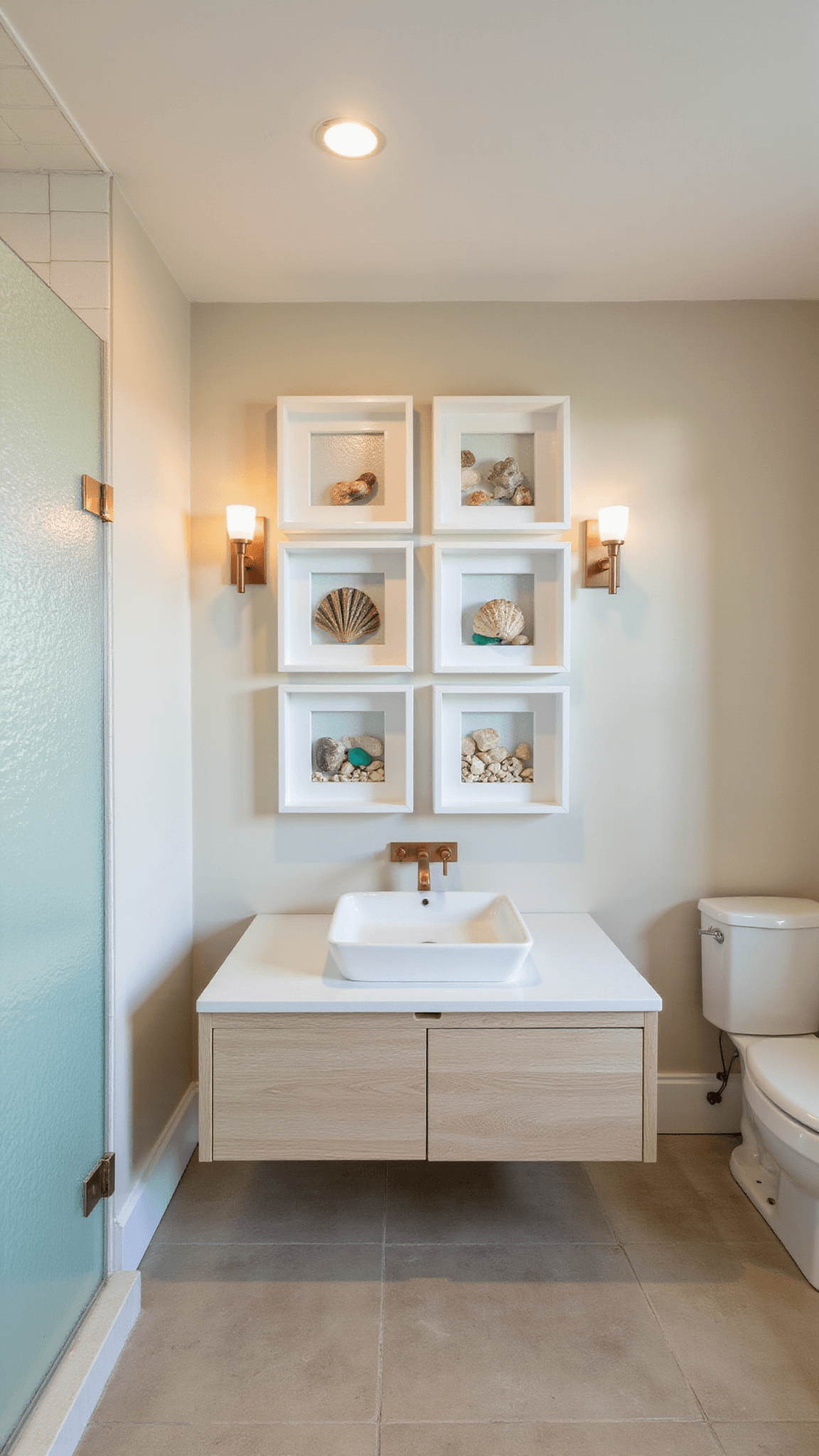 Modern coastal bathroom with white shadowbox displaying shells and sea glass, bleached oak vanity, vessel sink, and copper sconces.