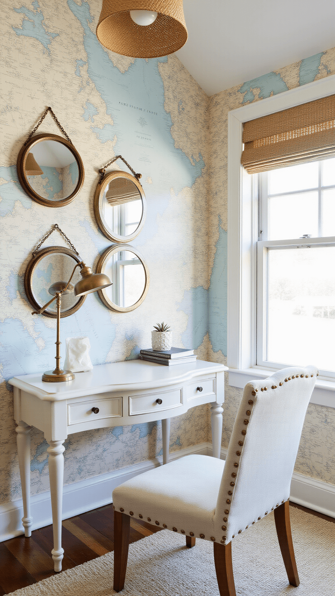 Bright home office with vintage nautical map wallpaper, white desk with brass details, porthole mirrors, woven basket lights, and natural fiber shades.