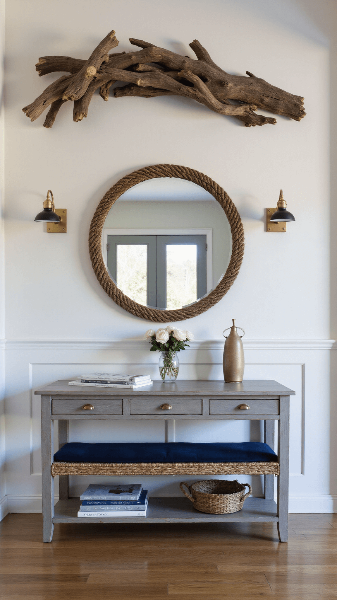 Moody coastal entryway with driftwood wall art, round rope mirror, woven bench, and dim brass lighting in navy and gray tones.