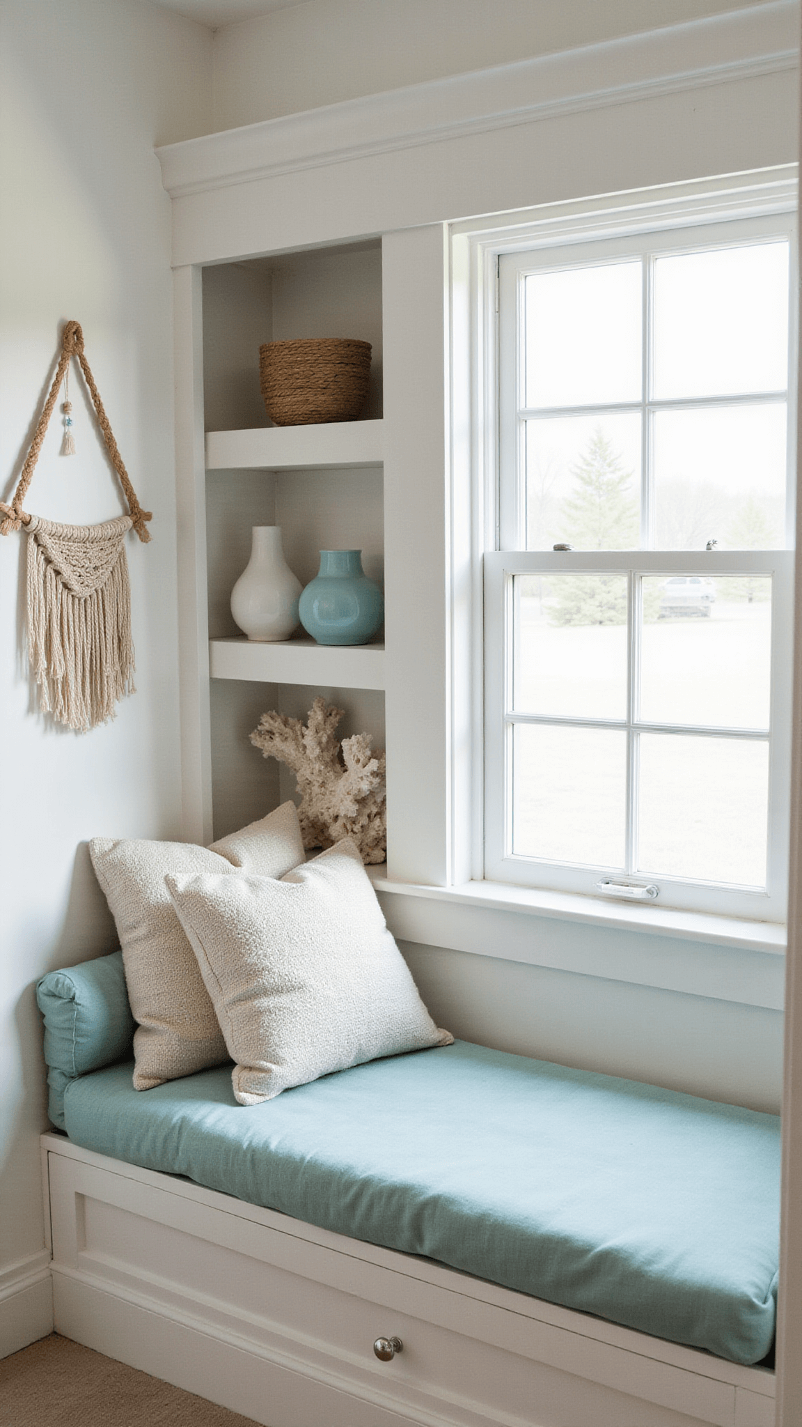 Cozy reading nook with seafoam window seat, white built-in shelves showcasing coastal decor, and macramé wall hanging in soft light.