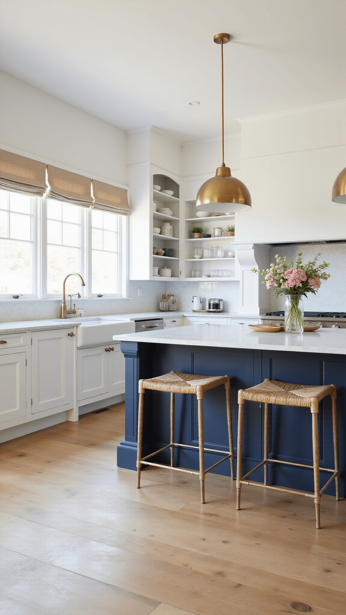 Contemporary coastal kitchen with white shaker cabinets, navy island, rattan stools, brass pendant lighting, and pale oak flooring bathed in natural light.
