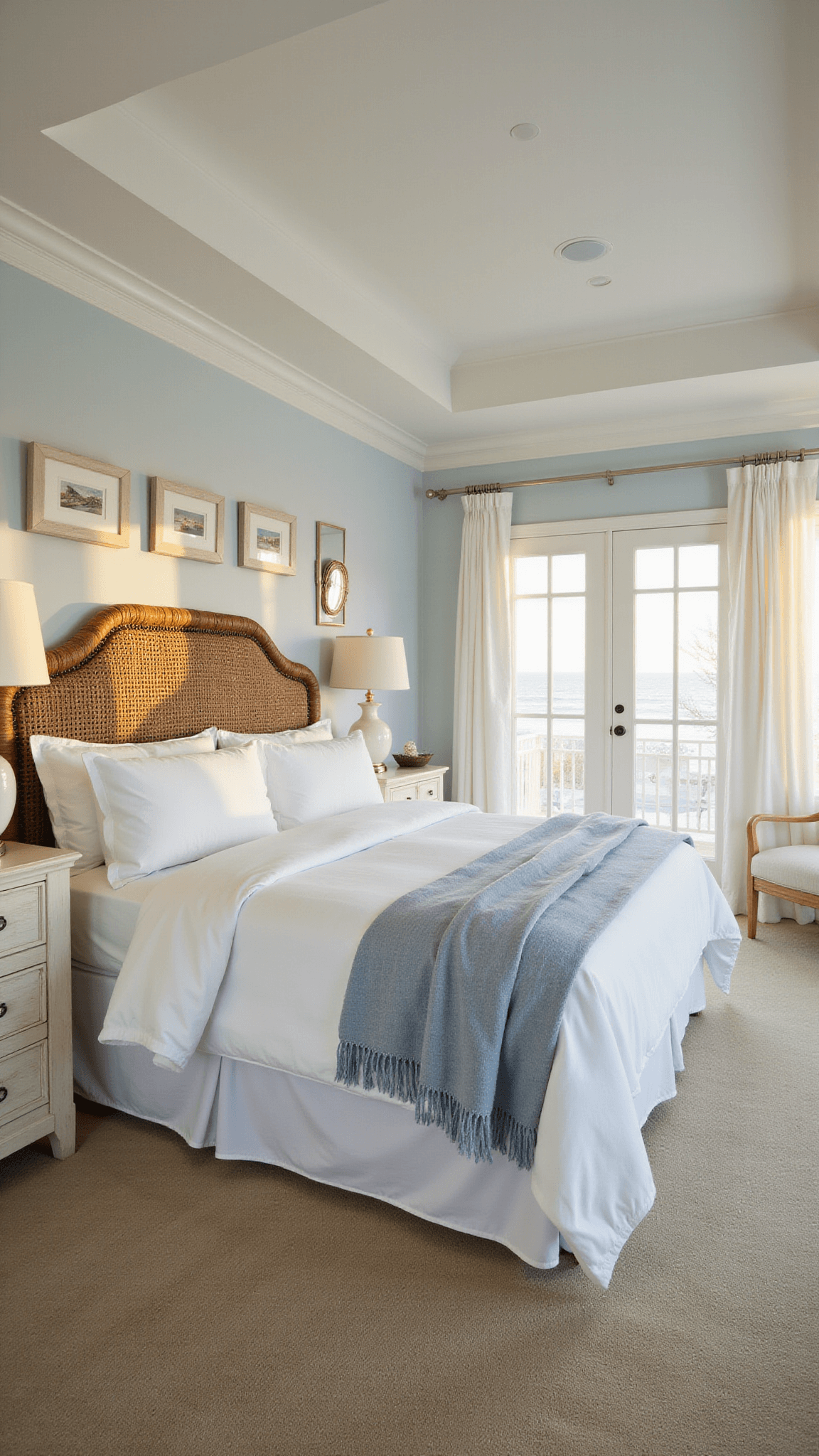 Coastal master bedroom with king-sized bed, tray ceiling, French doors opening to balcony, bathed in warm sunset light.