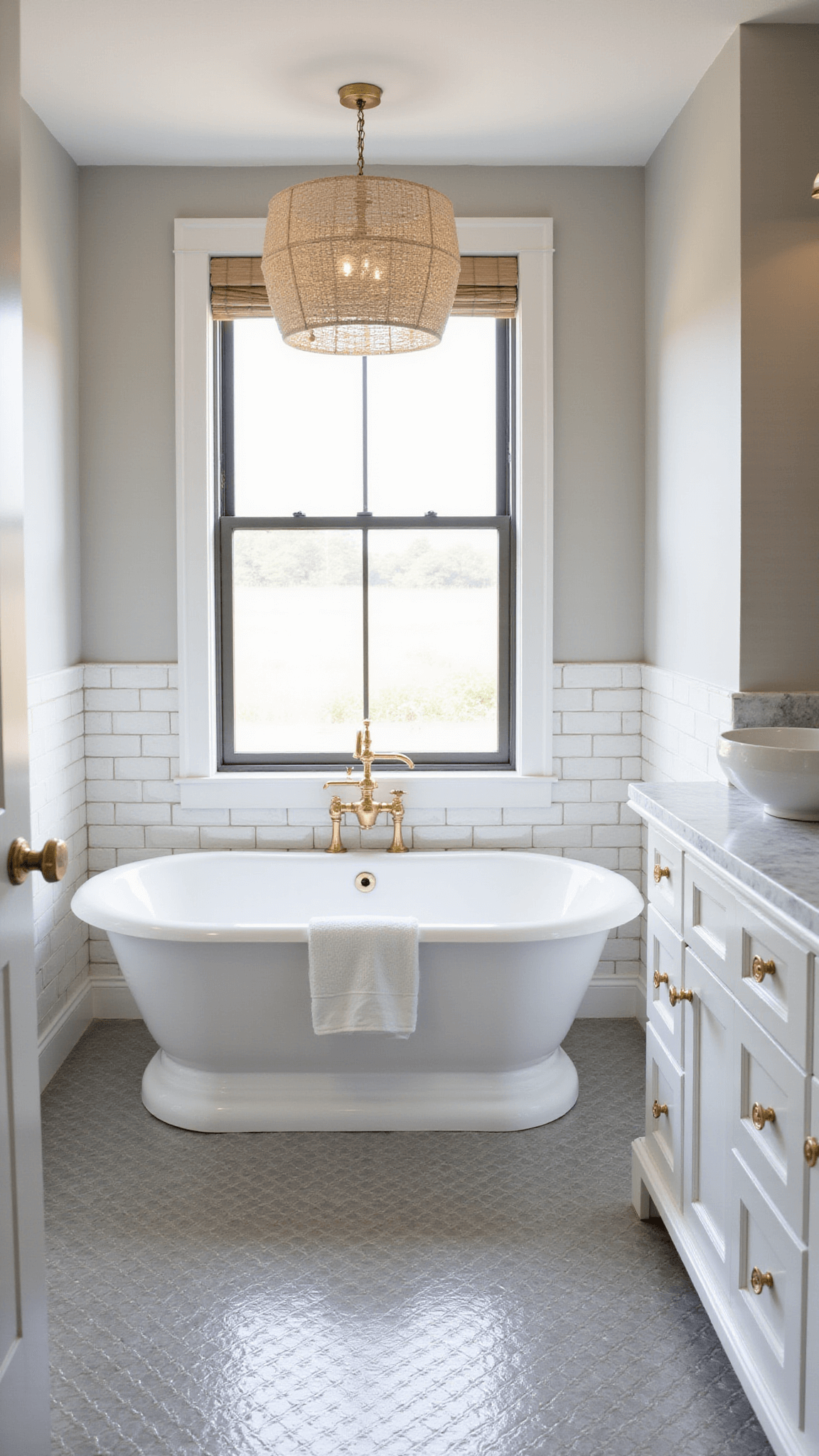 Tranquil coastal bathroom featuring a freestanding tub beneath a window, pearl subway tiles, marble vanity, and capiz shell chandelier.