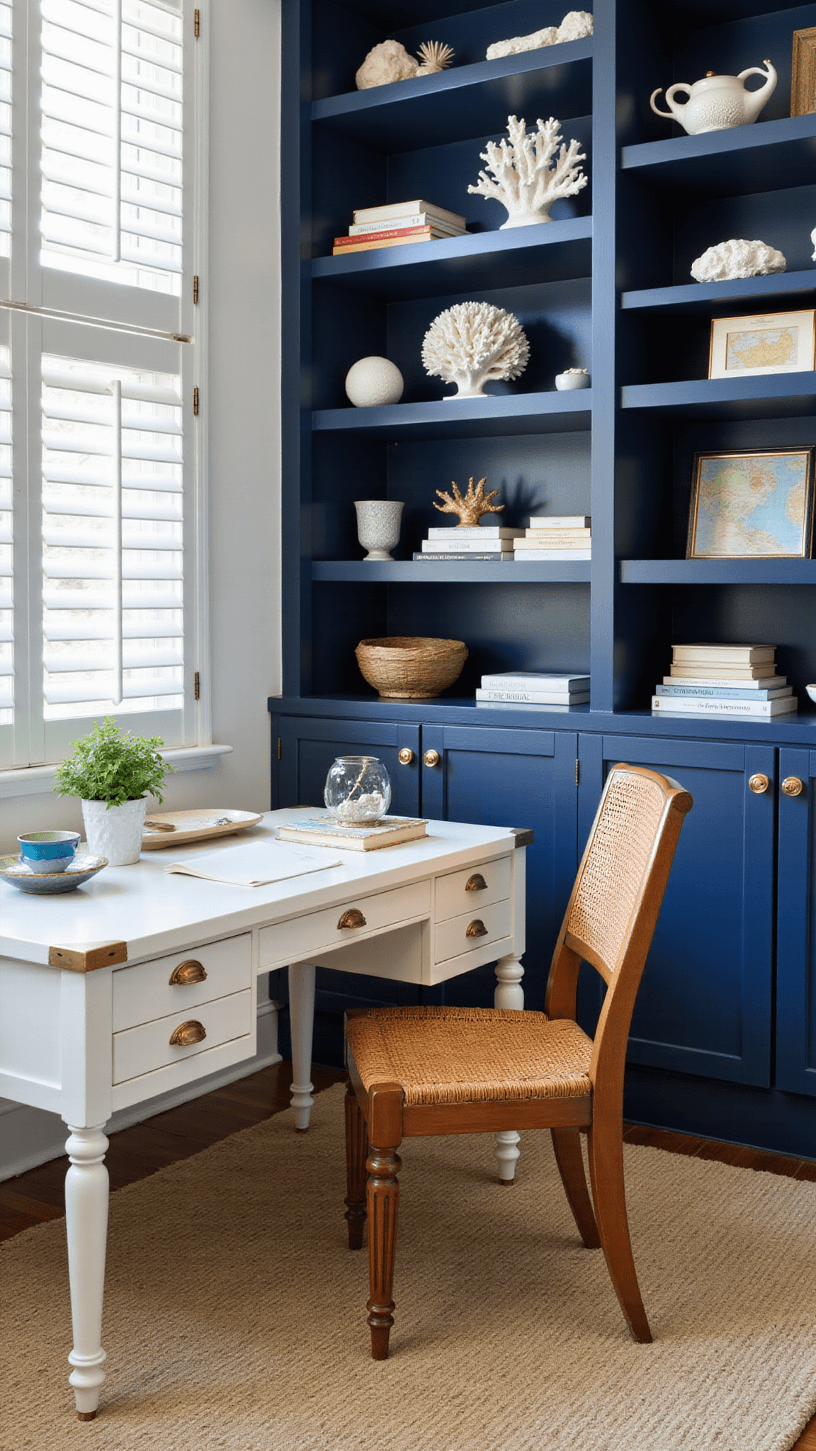 Nautical-inspired home office with navy built-in shelves, brass and white desk, leather chair, seagrass rug, and sunlight streaming through plantation shutters.