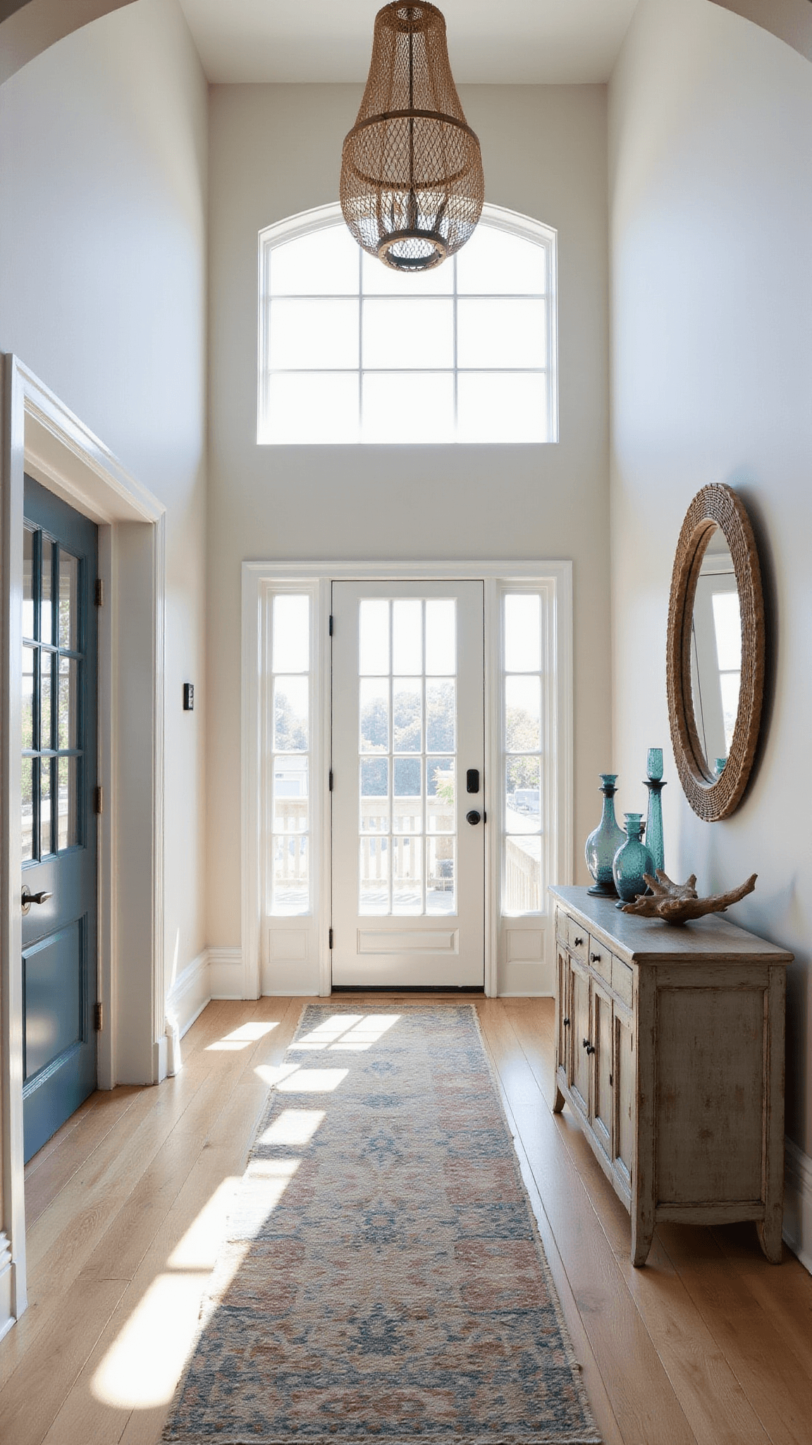 Coastal entryway with high ceilings, rope chandelier, driftwood accents, glass vases on a weathered console, bamboo-framed mirror, bleached oak floors, and a muted blue Persian runner.