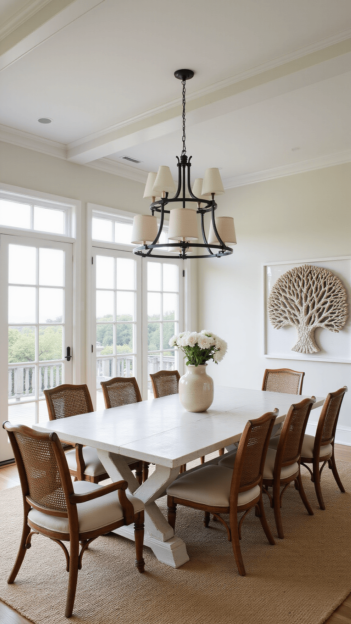 Beach house dining area with coffered ceiling, whitewashed trestle table, mixed seating, coral wall art, iron chandelier, and sisal rug under soft evening light.