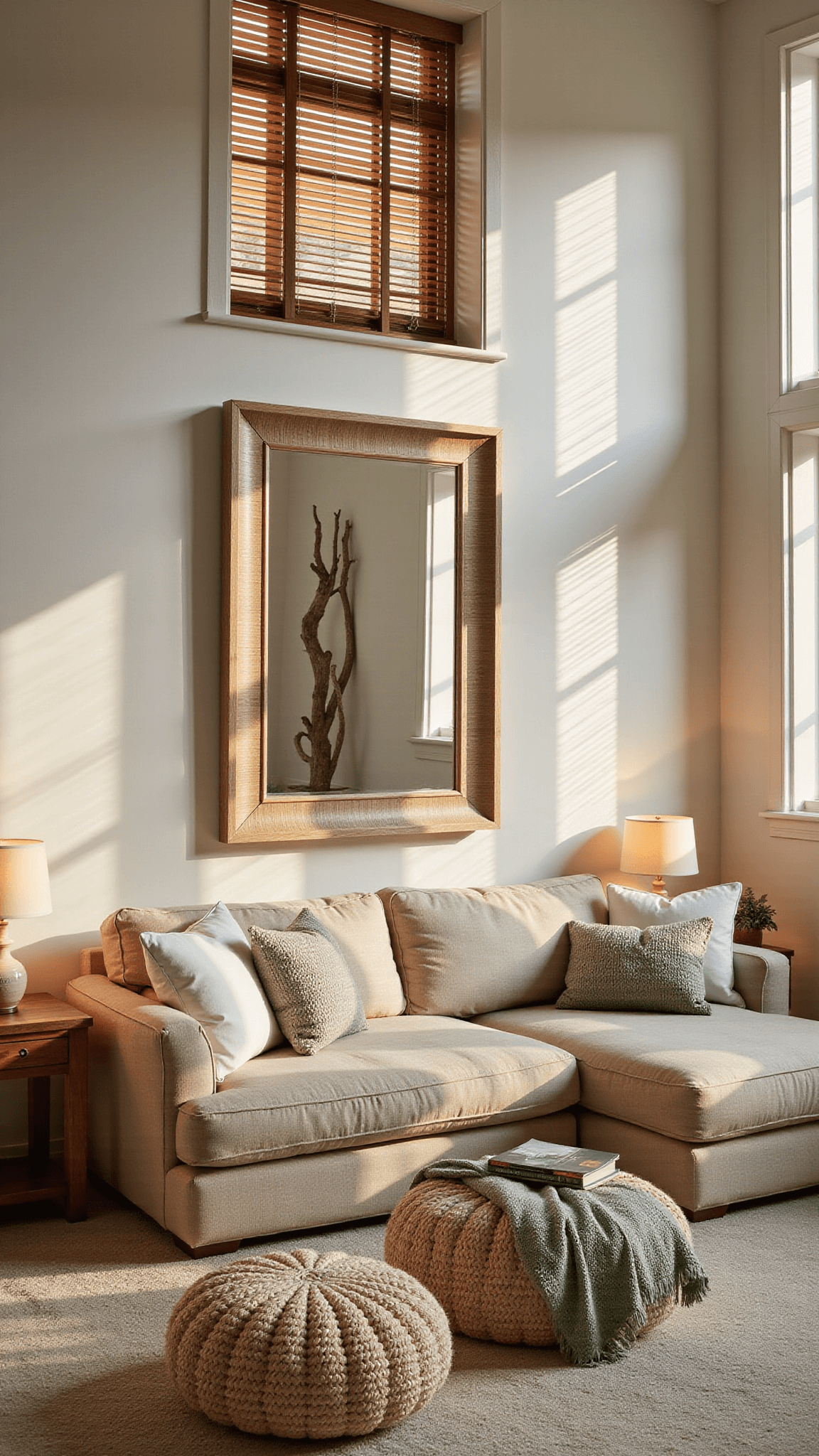 Coastal modern living room at golden hour with dramatic shadows, oatmeal L-shaped sectional, teak side tables, ceramic lamps, hemp poufs, and driftwood art in warm neutral tones.