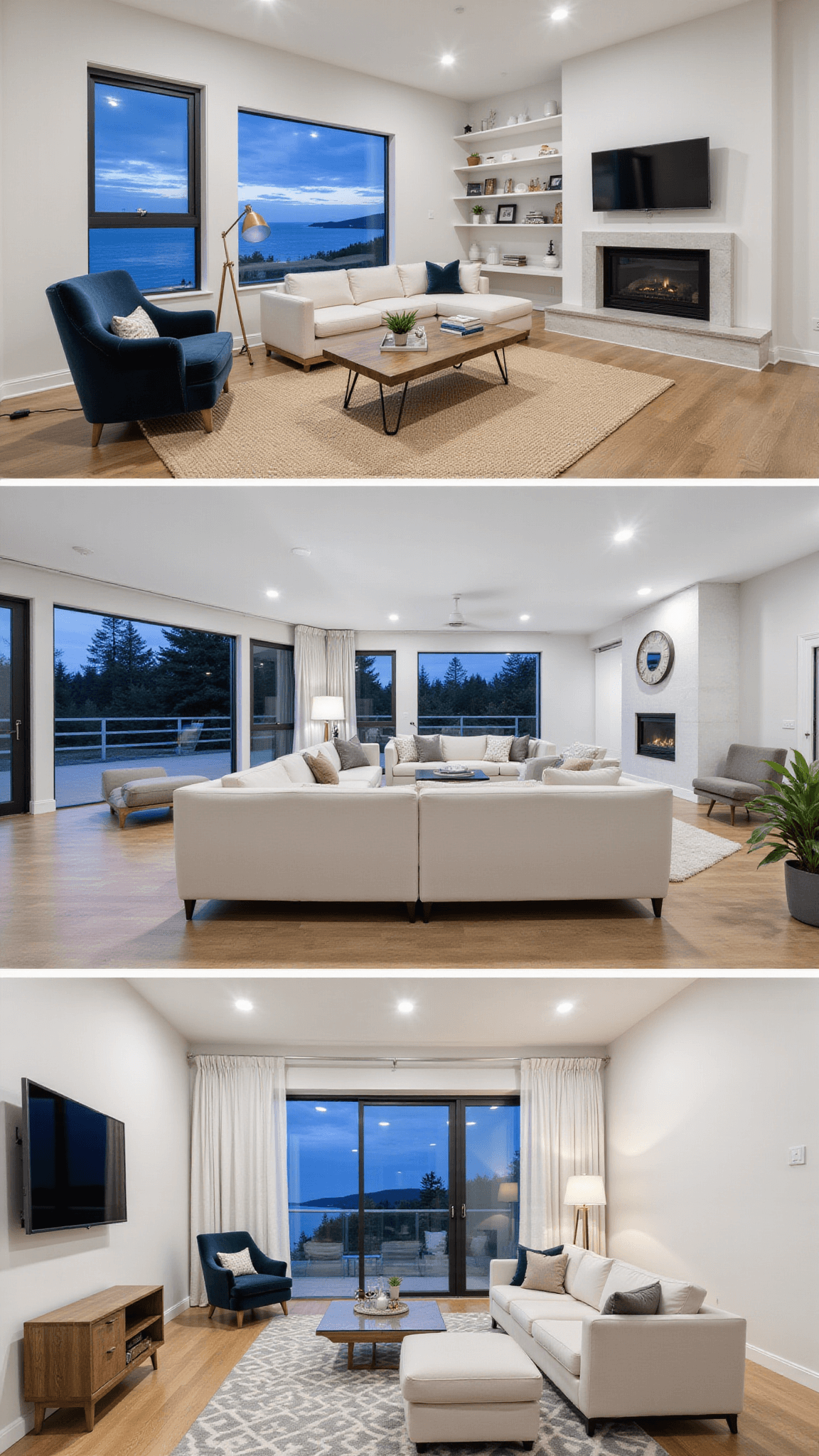 Open-concept living area with slate blue velvet chair, cloud-white modular sofa, and double-height windows at blue hour; warm lighting, coastal decor, and bleached oak floors enhance modern aesthetic.