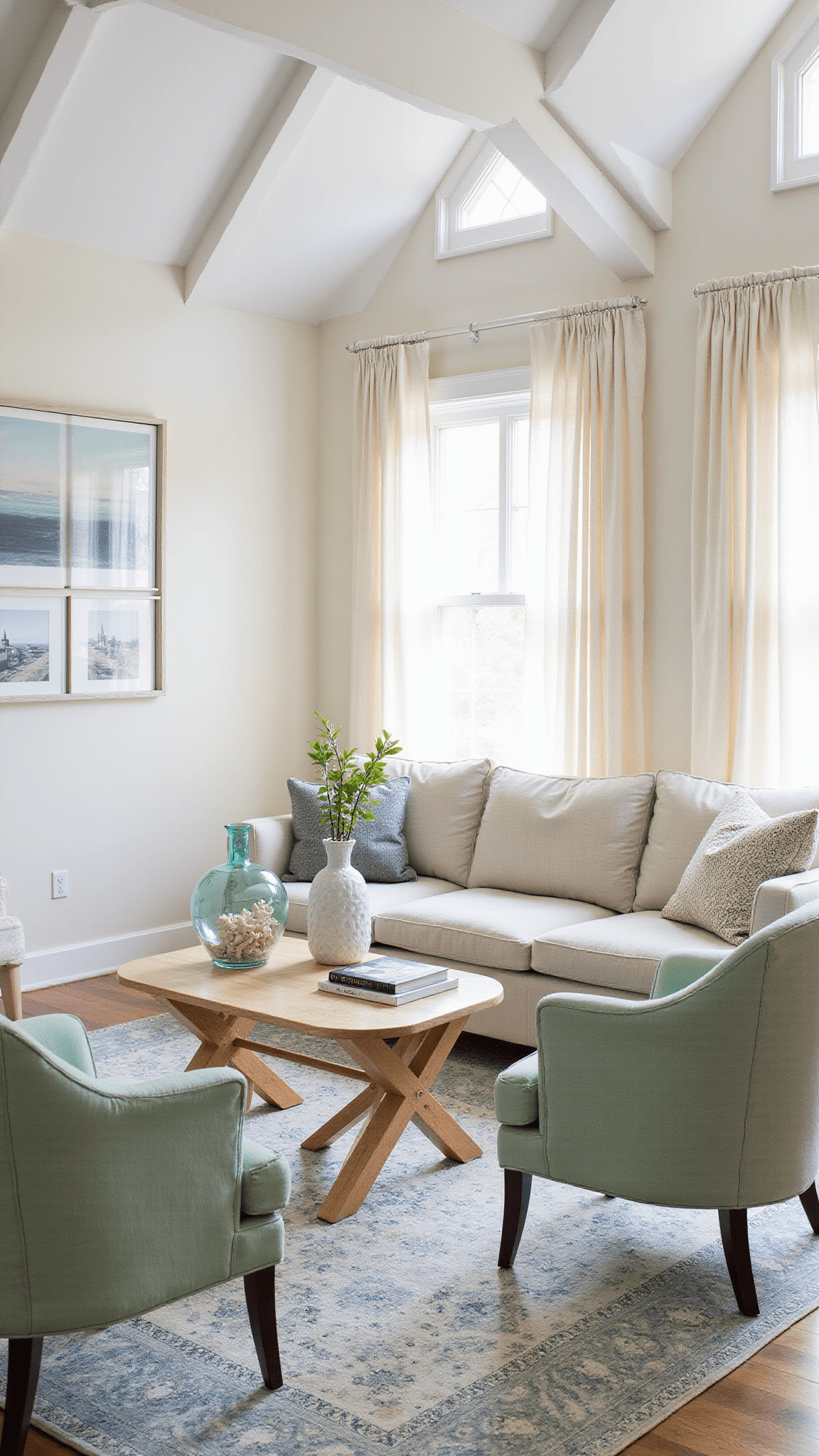 Bright corner living room with exposed white beams, natural linen sofa, seafoam green bouclé chairs, bleached wood coffee table, and coastal decor in soft morning light.