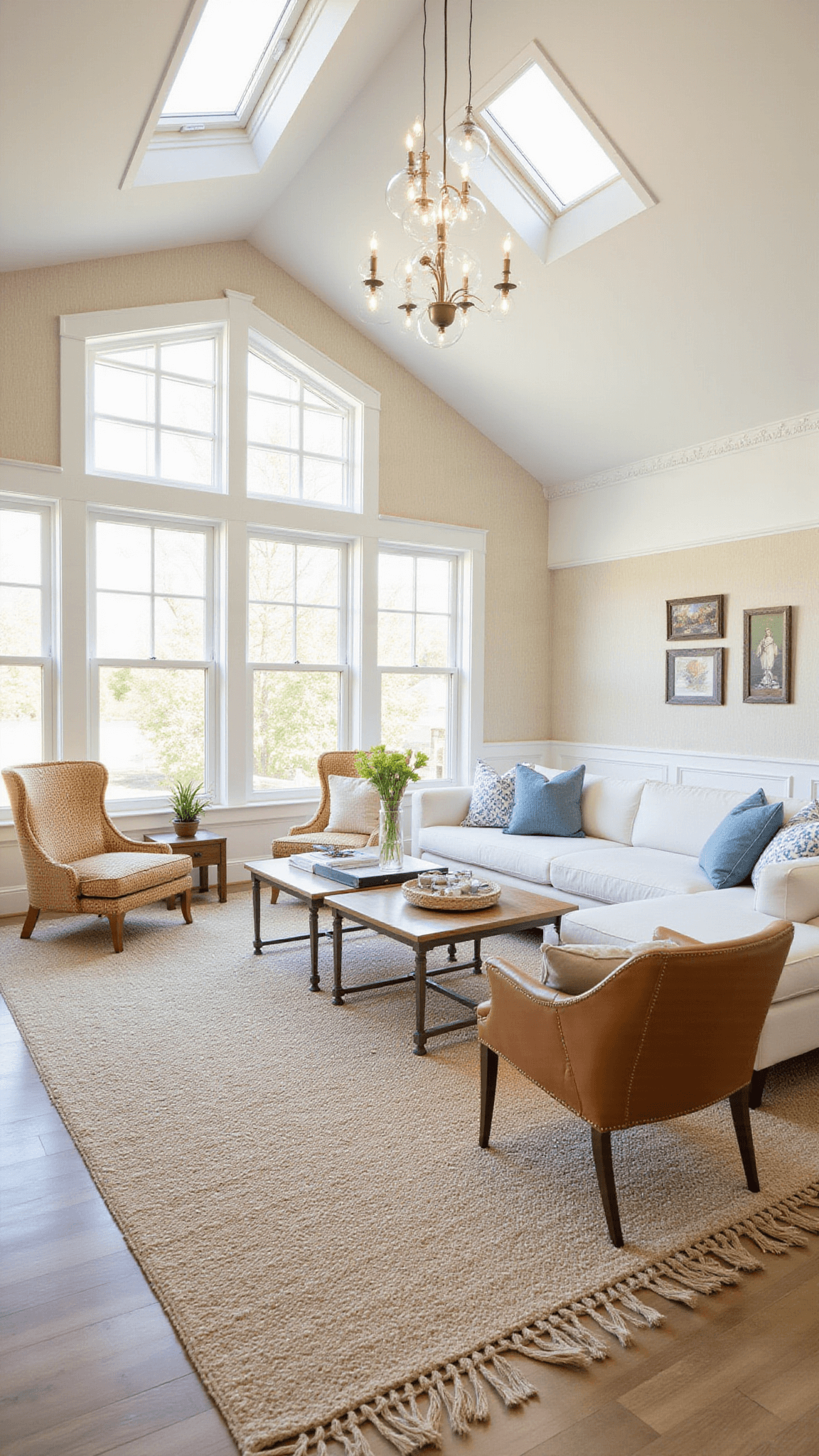 Airy vaulted great room with creamy monochromatic decor, pale blue accents, and clerestory windows glowing in golden afternoon light.