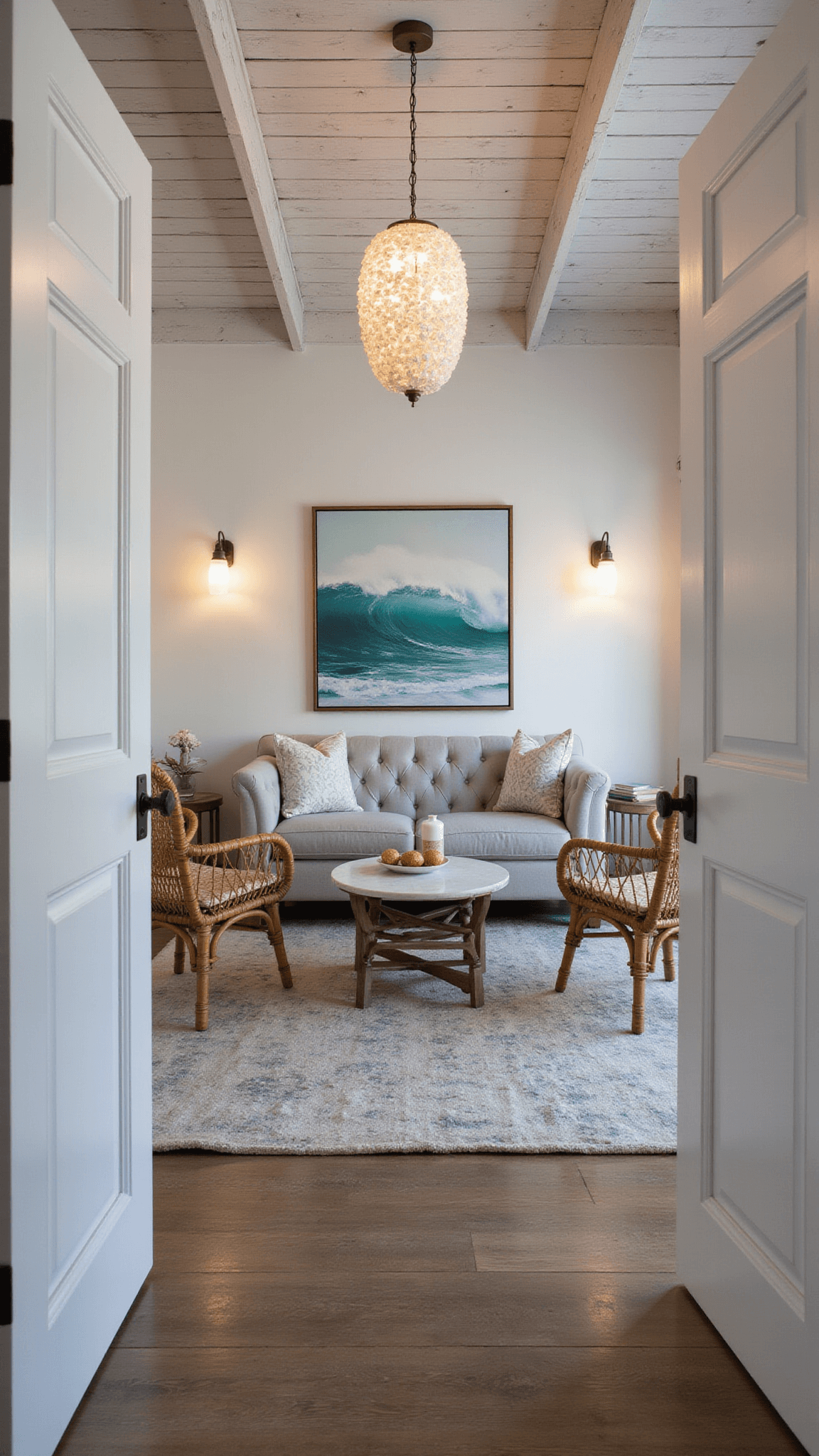 Cozy 14x16ft sitting room at dusk with warm sconce lighting, pearl grey tufted sofa, rattan chairs, marble side table, capiz shell chandelier, abstract wave art, and layered ivory and blue-grey rugs.