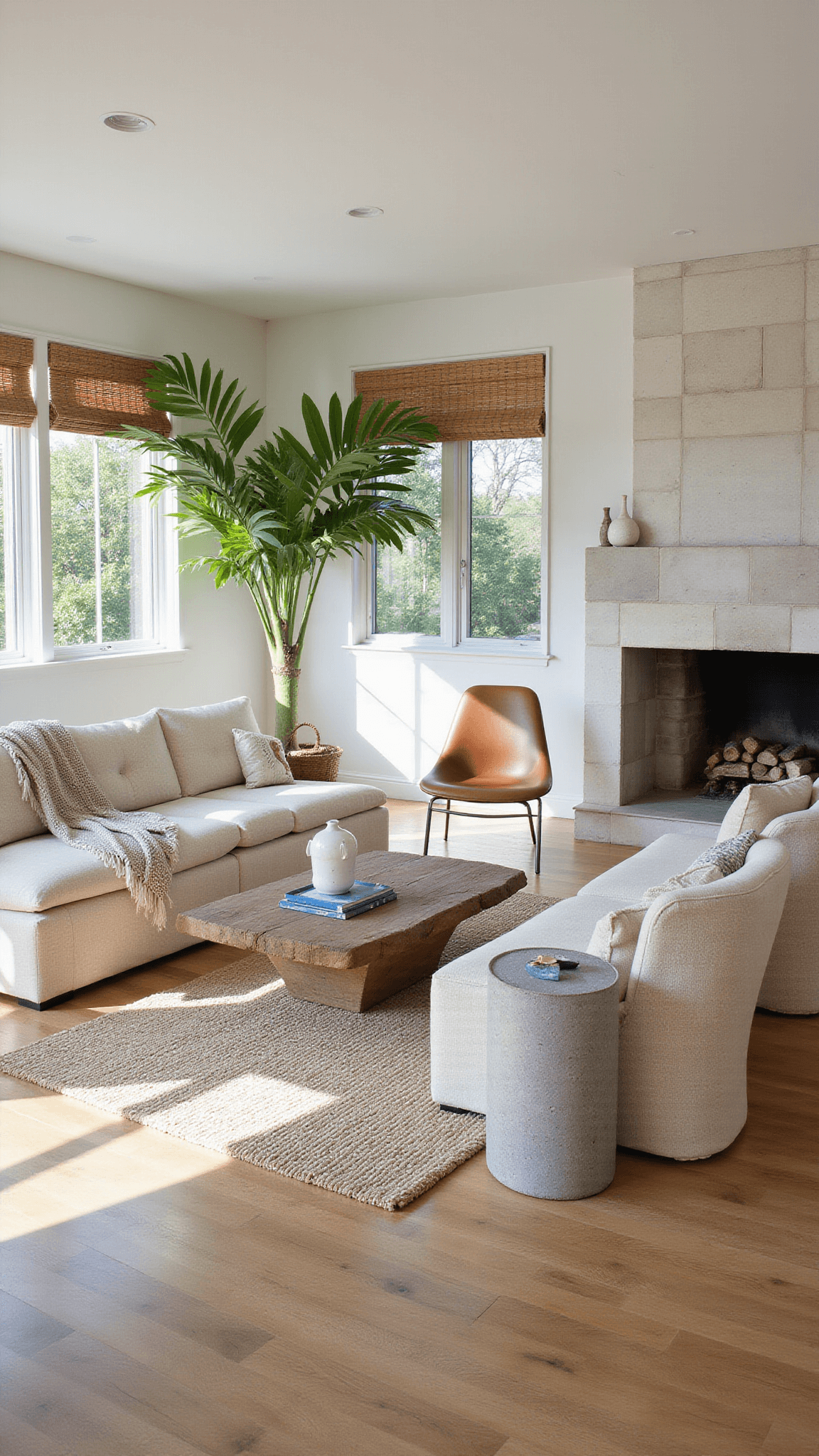 Modern sunlit living room with floor-to-ceiling windows, white oak herringbone floors, curved bouclé sofa, limestone fireplace, leather lounge chairs, and large potted palm.