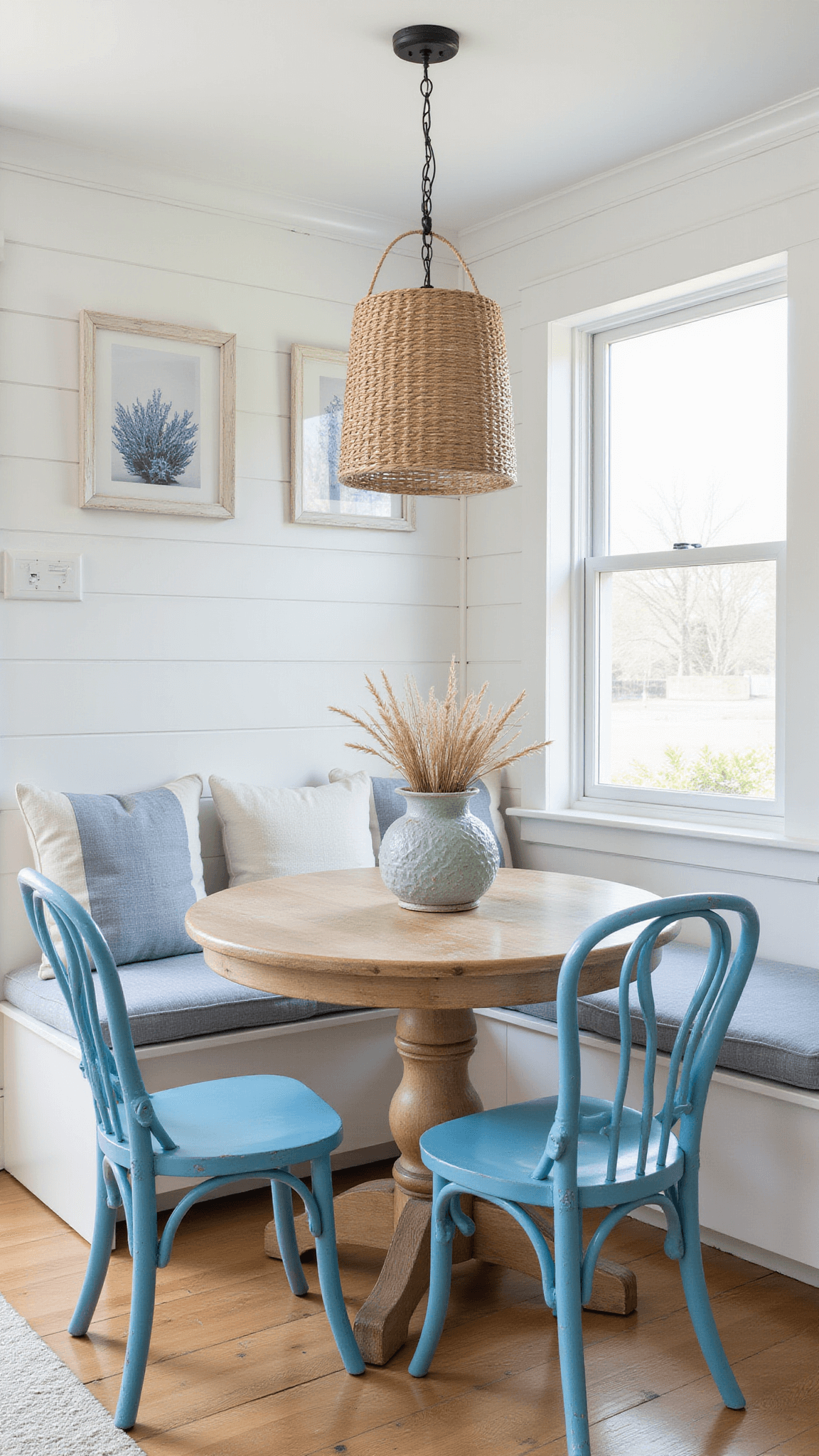 Coastal breakfast nook with white shiplap walls, built-in white banquette, cerused oak pedestal table, weathered blue bistro chairs, rope pendant light, and beach-themed decor in natural light.