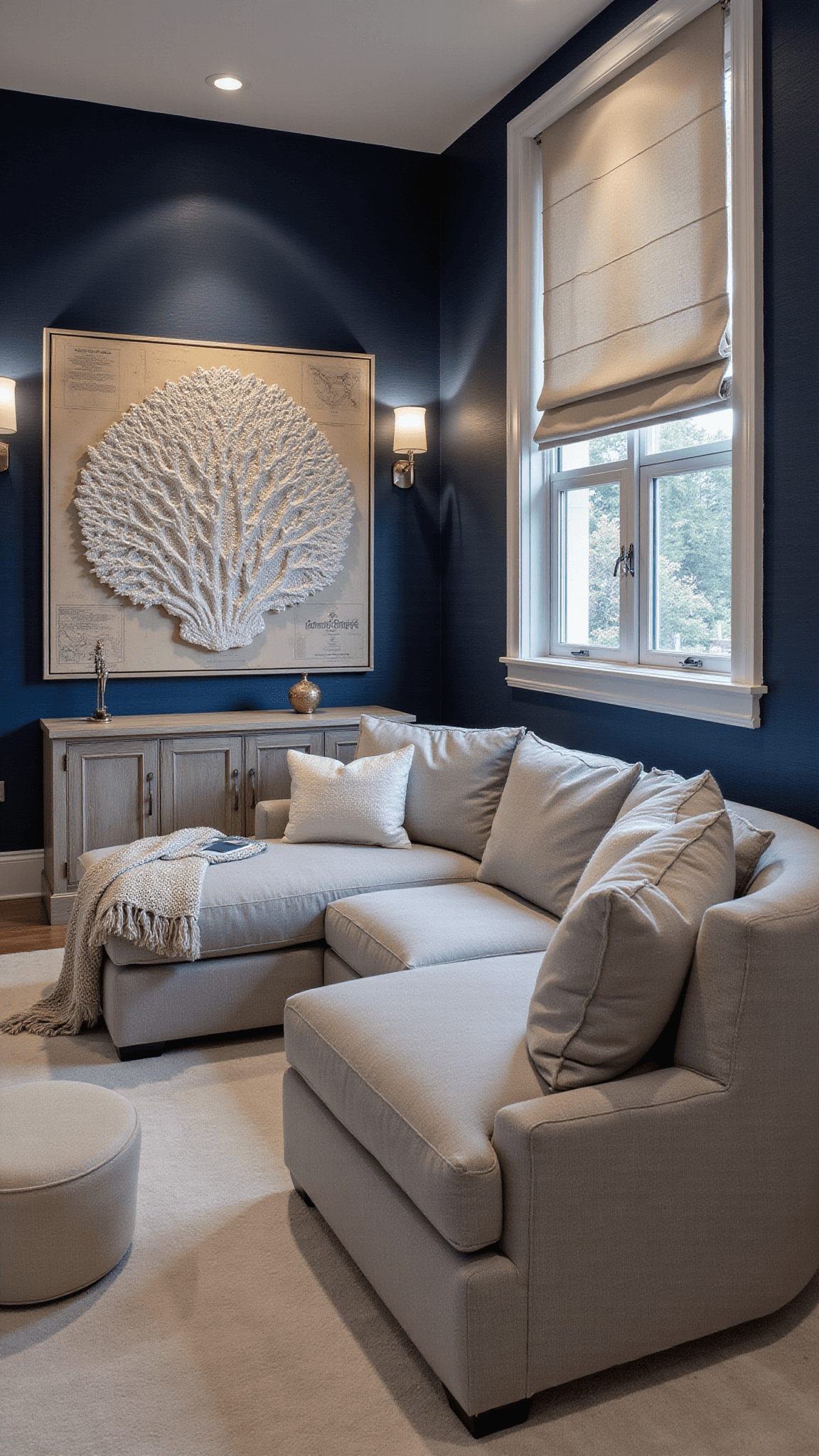 Contemporary coastal media room with navy grasscloth walls, greige sectional, coral art, ambient lighting, and nautical decor in evening setting.