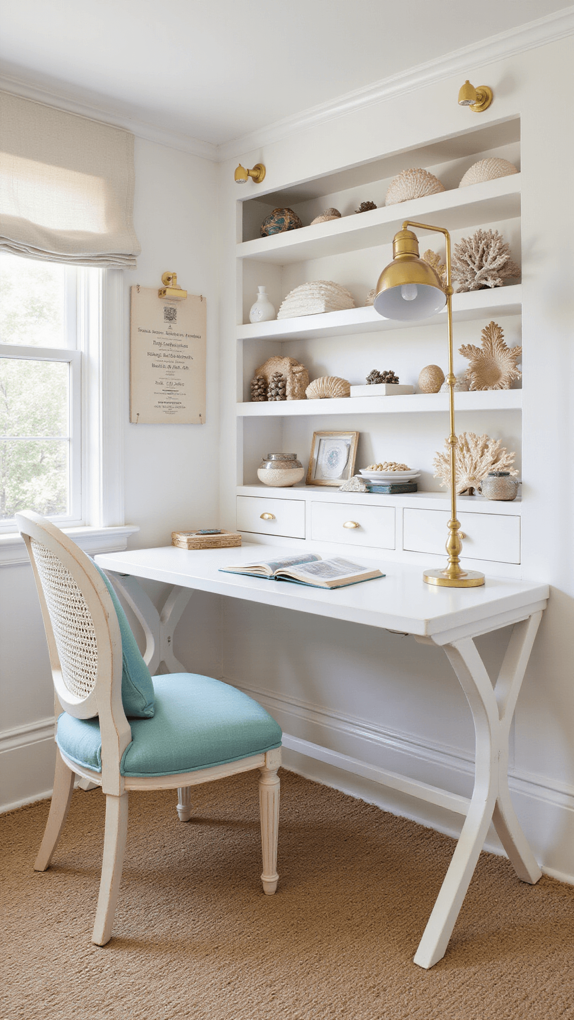 Coastal home office with built-in white shelves, cane chair, jute and seagrass rugs, shell decor, and soft afternoon light filtered through Roman shades.