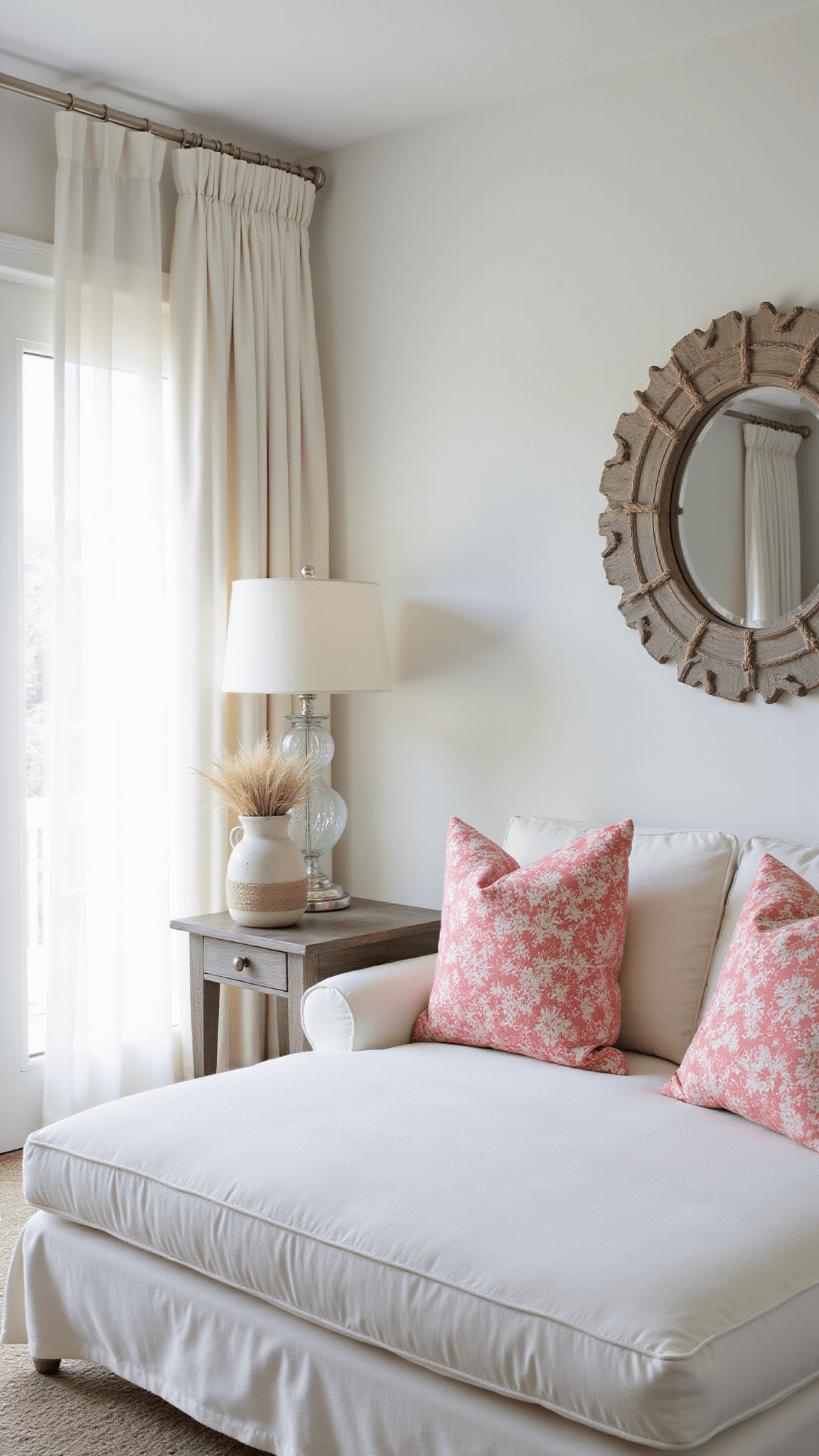 Coastal sitting area with white linen chaise, coral pillows, sheer curtains, and driftwood mirror bathed in soft dawn light.