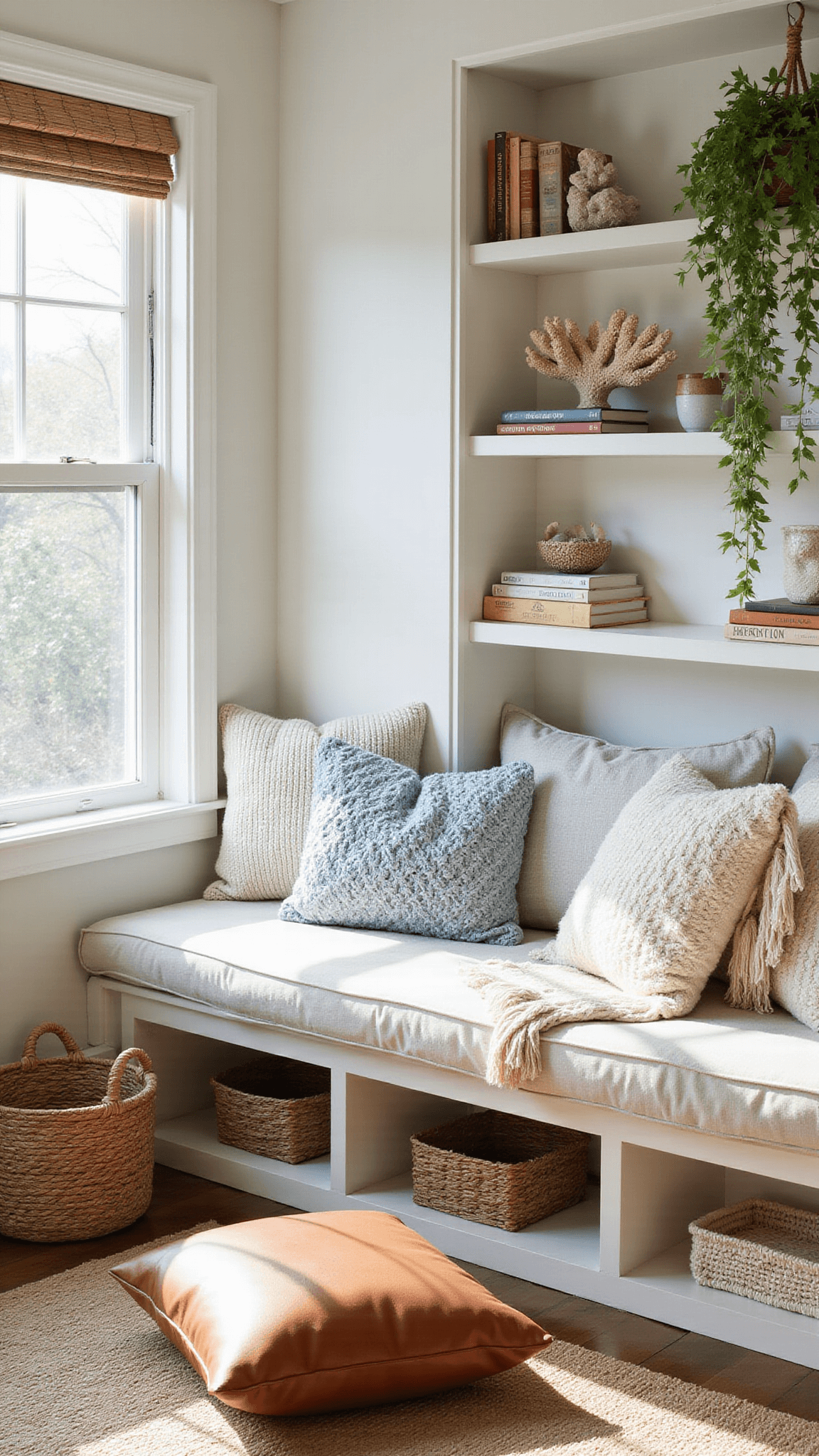 Cozy 12x14ft reading nook with window seat, ivory and pale blue cushions, floating shelves with coral and books, leather floor cushion on hemp rug, hanging plants, woven baskets, and filtered afternoon light through bamboo blinds.