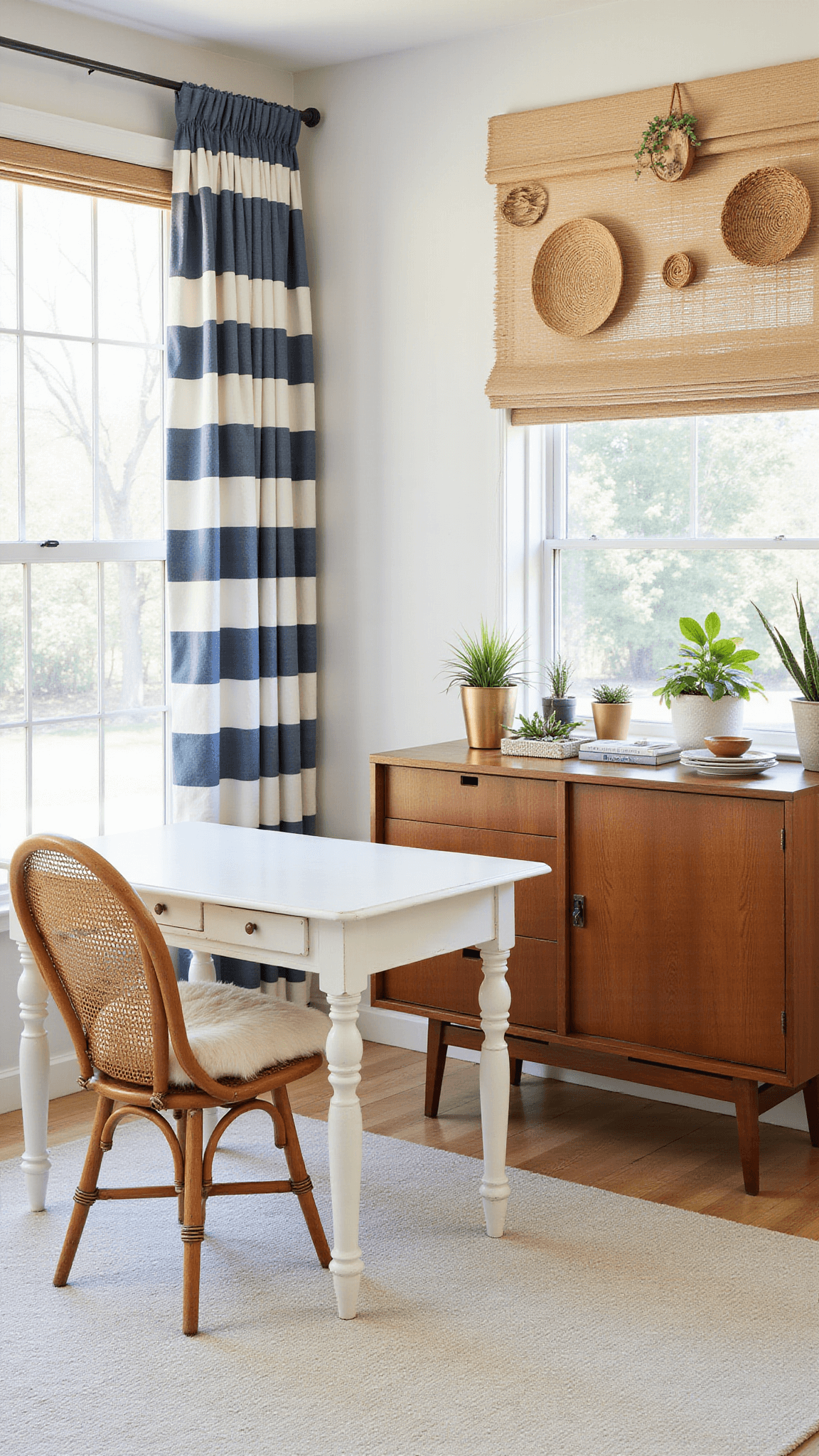 Bright home office with whitewashed desk, rattan peacock chair, and midcentury credenza beneath woven wall baskets, lit by midday sun through large windows with striped curtains.