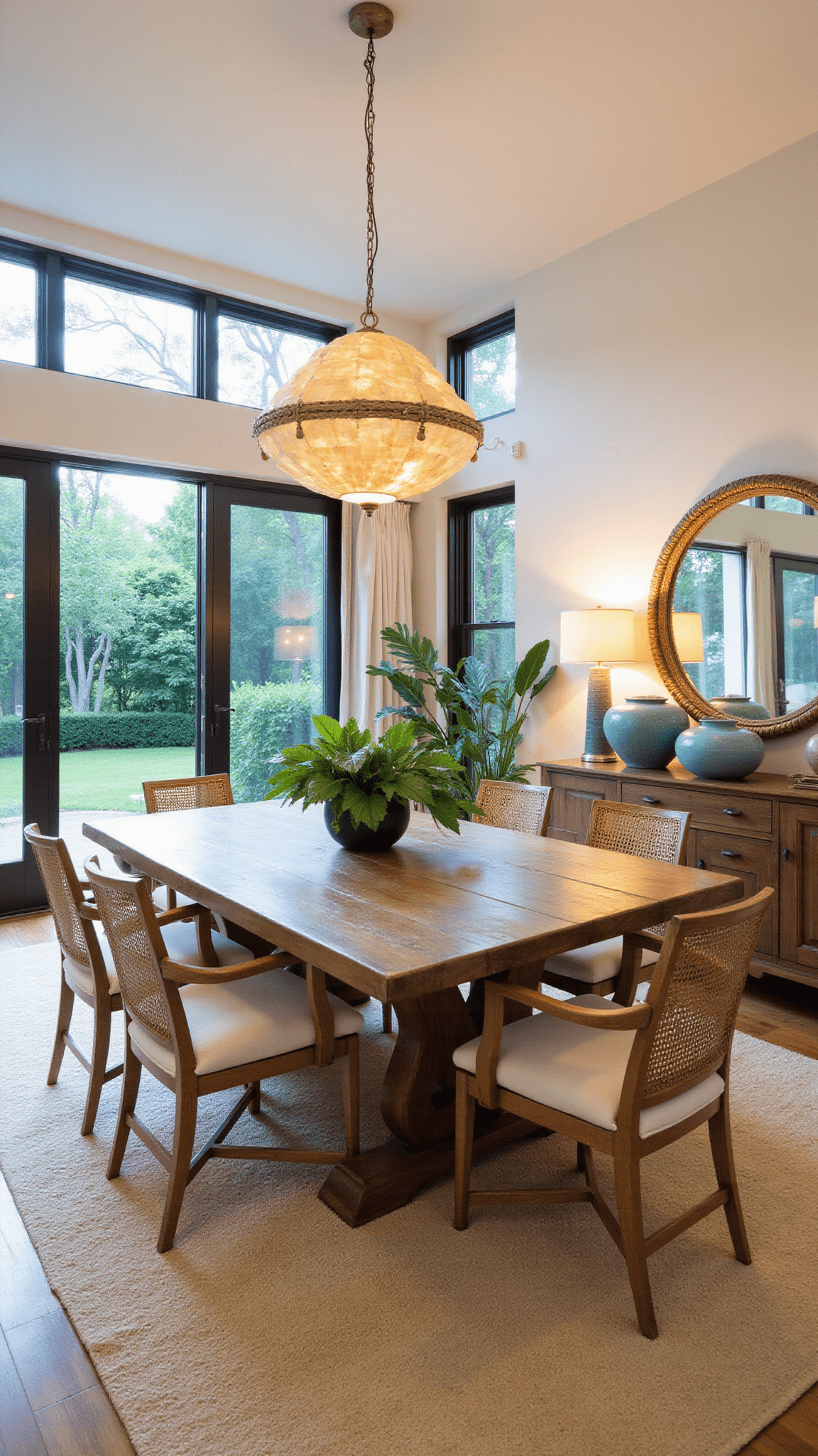 Airy 18x20ft dining room at dusk with reclaimed teak table, shell chandelier, mixed-material chairs, vintage sideboard, floor-to-ceiling windows, sheer drapes, tropical plants, and rope-framed mirror reflecting warm lighting.