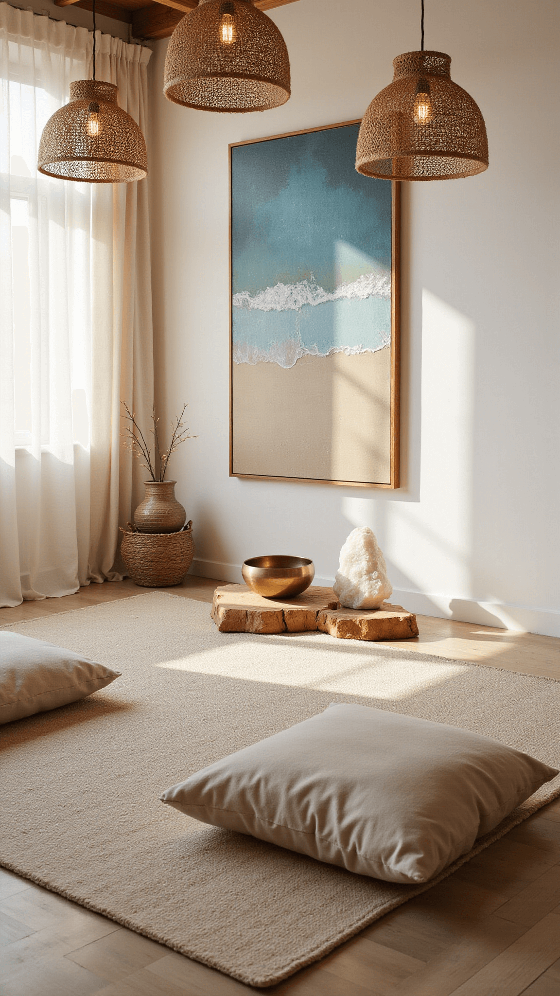 Serene sunrise-lit meditation room with natural floor cushions on a jute rug, abstract blue and sandy artwork, rattan pendant lights, and incense smoke drifting through sheer curtains.