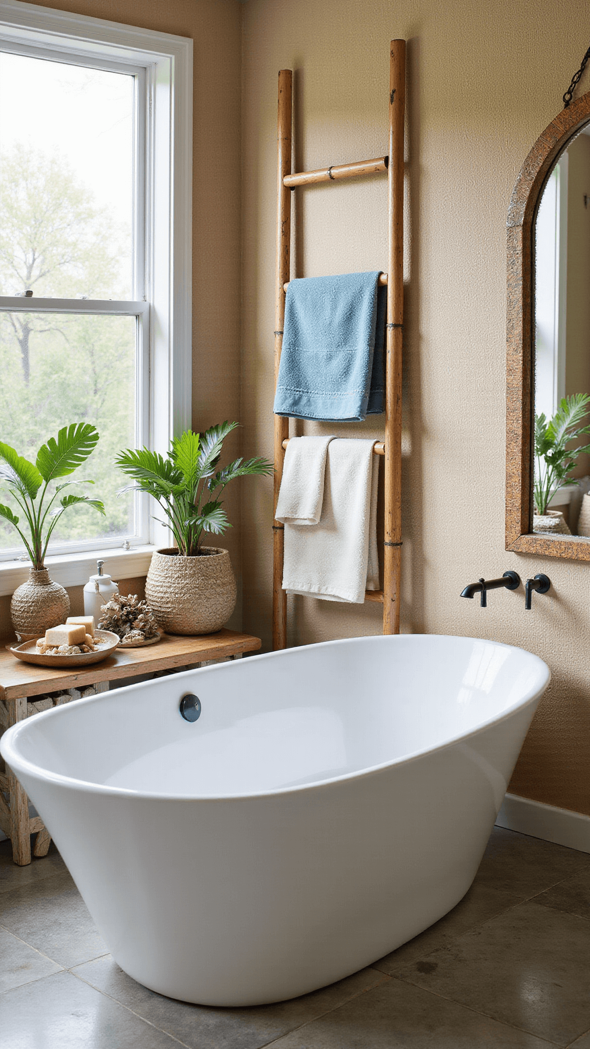Luxurious bathroom with soaking tub under picture window, handmade cement tile floor, vintage bamboo towel ladder, rattan storage, potted palms, and shell mirror on grasscloth walls.