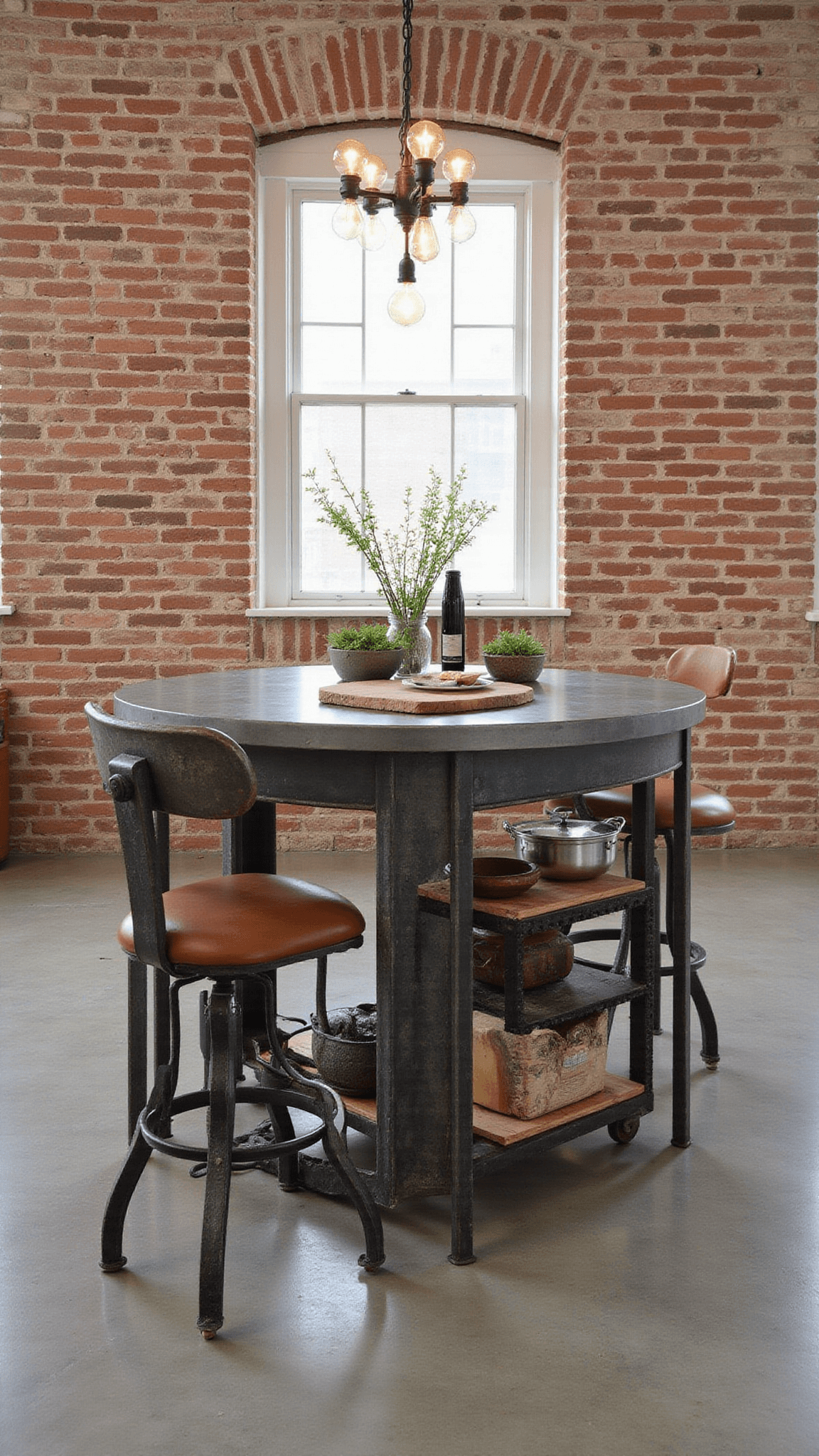 Industrial chic kitchen island in loft with exposed brick, concrete floors, metal and wood island, Edison bulb lights, and vintage accents.