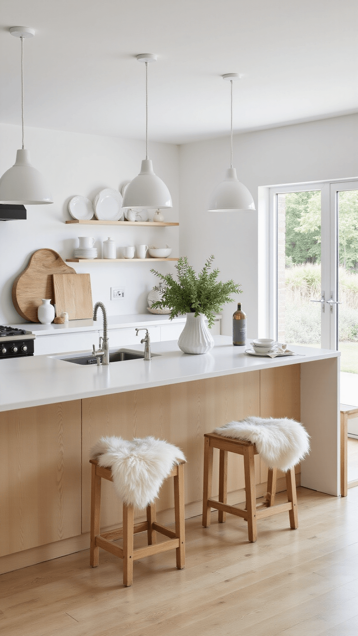 Scandinavian-style kitchen with pale timber floors, white walls, and a blonde wood island under morning light, featuring minimal decor and soft neutral tones.