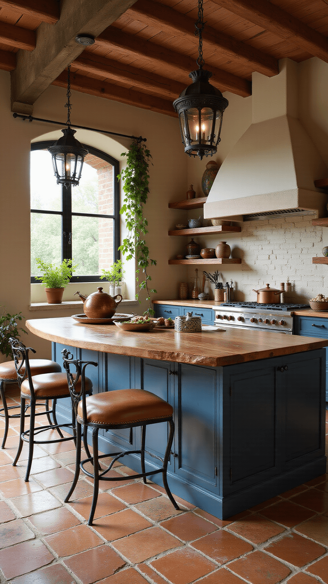 Mediterranean kitchen with terracotta floors, curved tiled island, wrought iron lanterns, leather bar stools, and warm afternoon shadows.