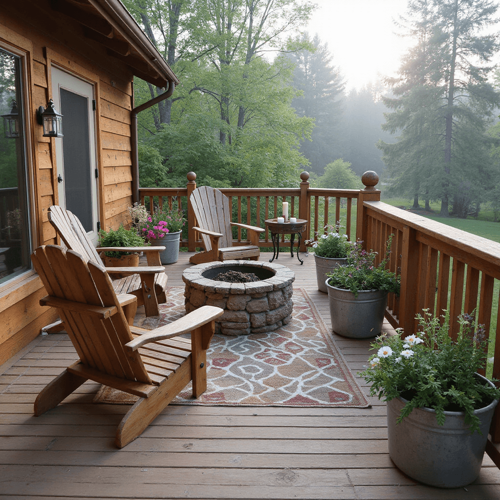 Rustic country deck at sunrise with Adirondack chairs around stone fire pit, misty morning light, wildflowers in vintage planters, and earth-toned rug creating a cozy retreat.