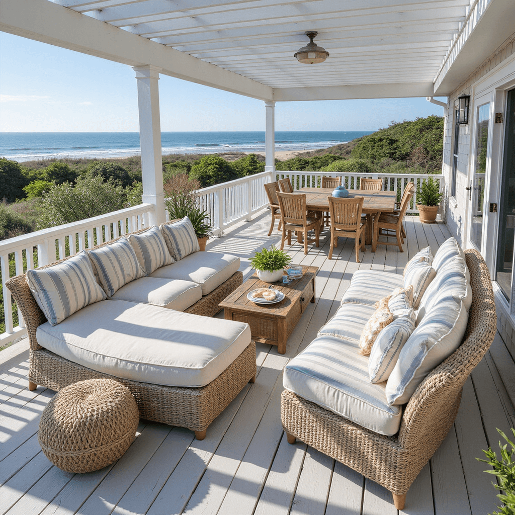 Aerial view of coastal white beach deck with wicker sectional, striped cushions, teak dining set, and white pergola under bright afternoon light.
