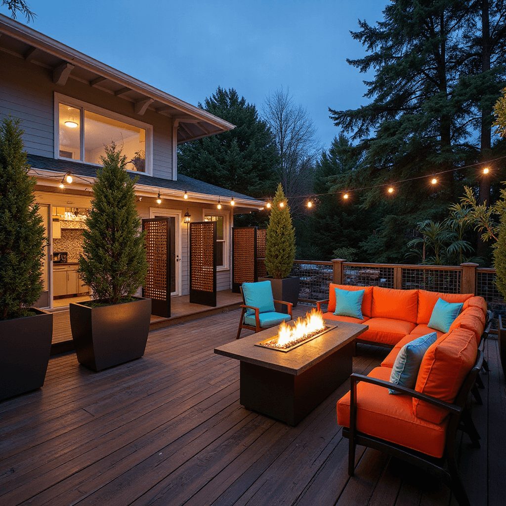 Modern multi-level deck at dusk with bold orange and turquoise furniture, glowing gas fire table, geometric privacy screens, and tropical plants in metal planters creating an energetic social atmosphere.