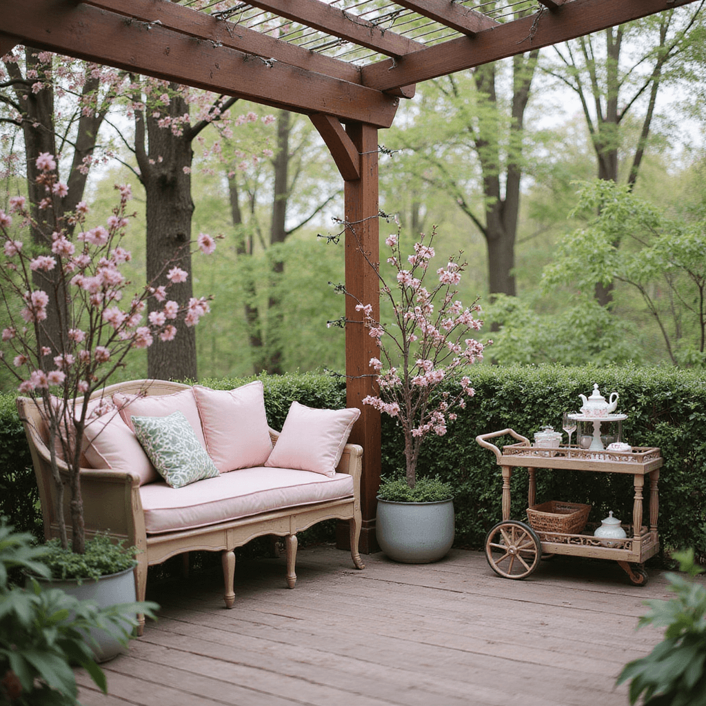 Close-up of cedar deck corner with pastel bench, cherry blossoms in planters, string lights on pergola, and vintage tea cart in a romantic spring garden setting.