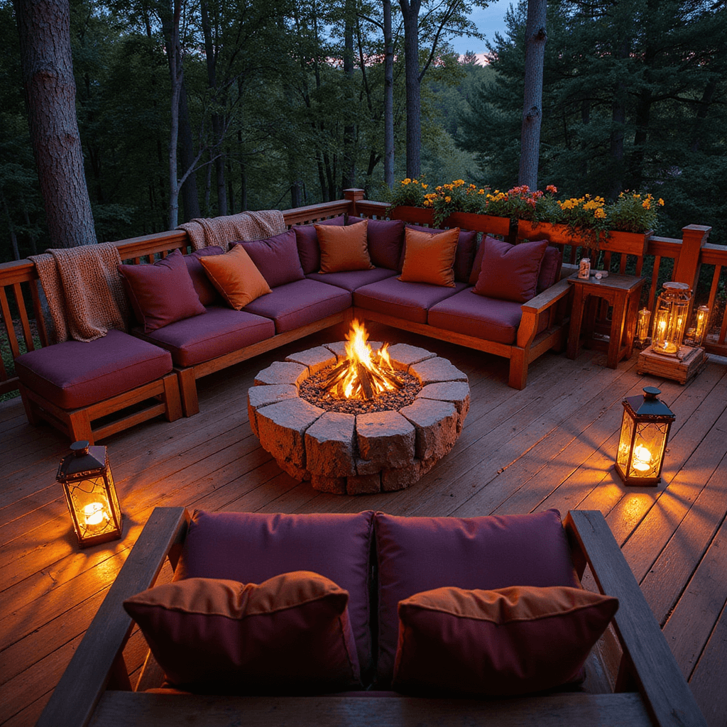 High-angle view of cozy mahogany deck at twilight with teak sectional, warm pillows, copper lanterns, and fall container gardens.
