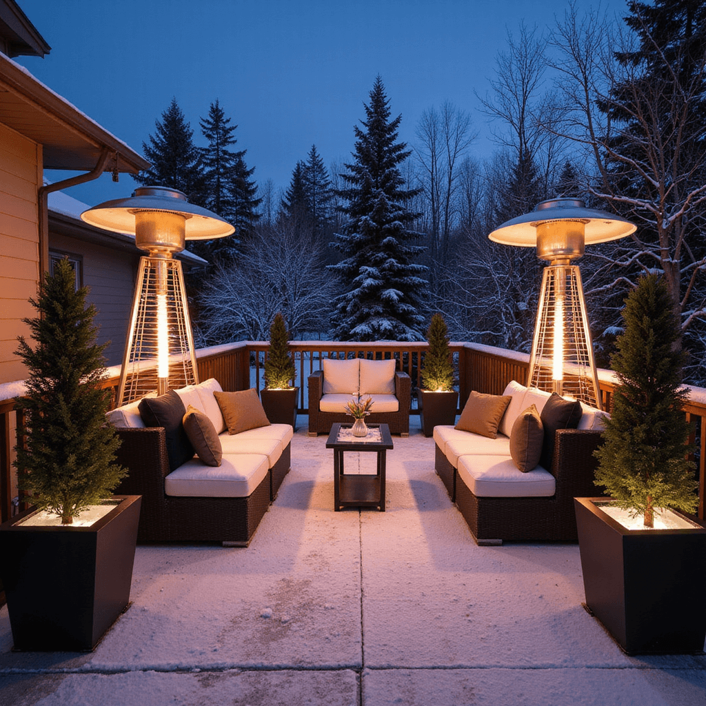 Snow-covered modern deck at night with charcoal lounge furniture, glowing topiaries, and warm LED lighting framed by outdoor heaters.