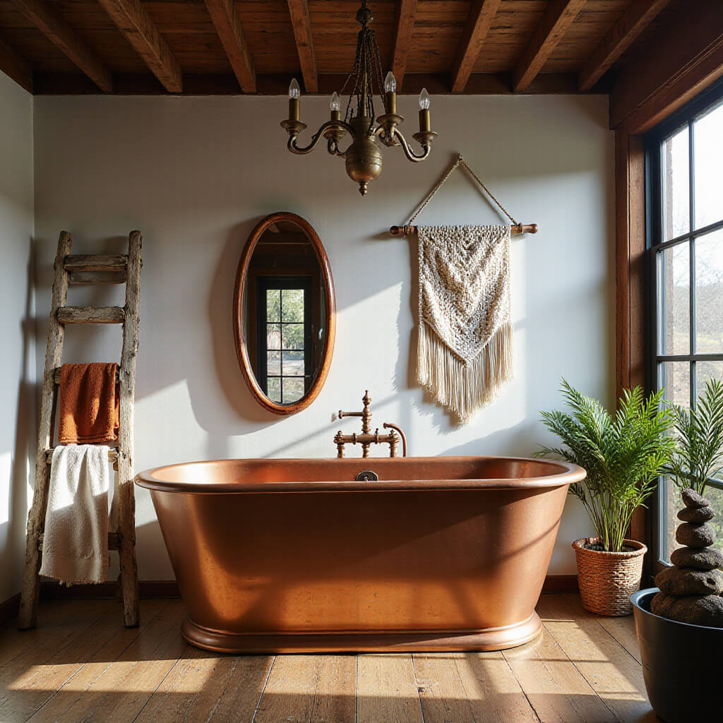 Copper freestanding soaking tub under exposed wooden beams, reflected in a vintage mirror with warm light, surrounded by rustic décor and natural accents.