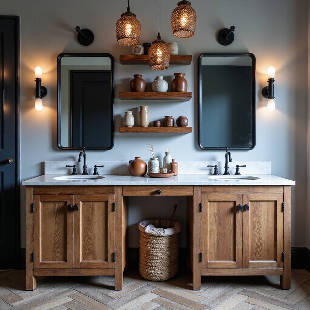 Double vanity with reclaimed barnwood cabinets, marble countertop, black-framed mirrors, industrial sconces, vintage pottery on open shelves, and herringbone oak flooring during twilight.